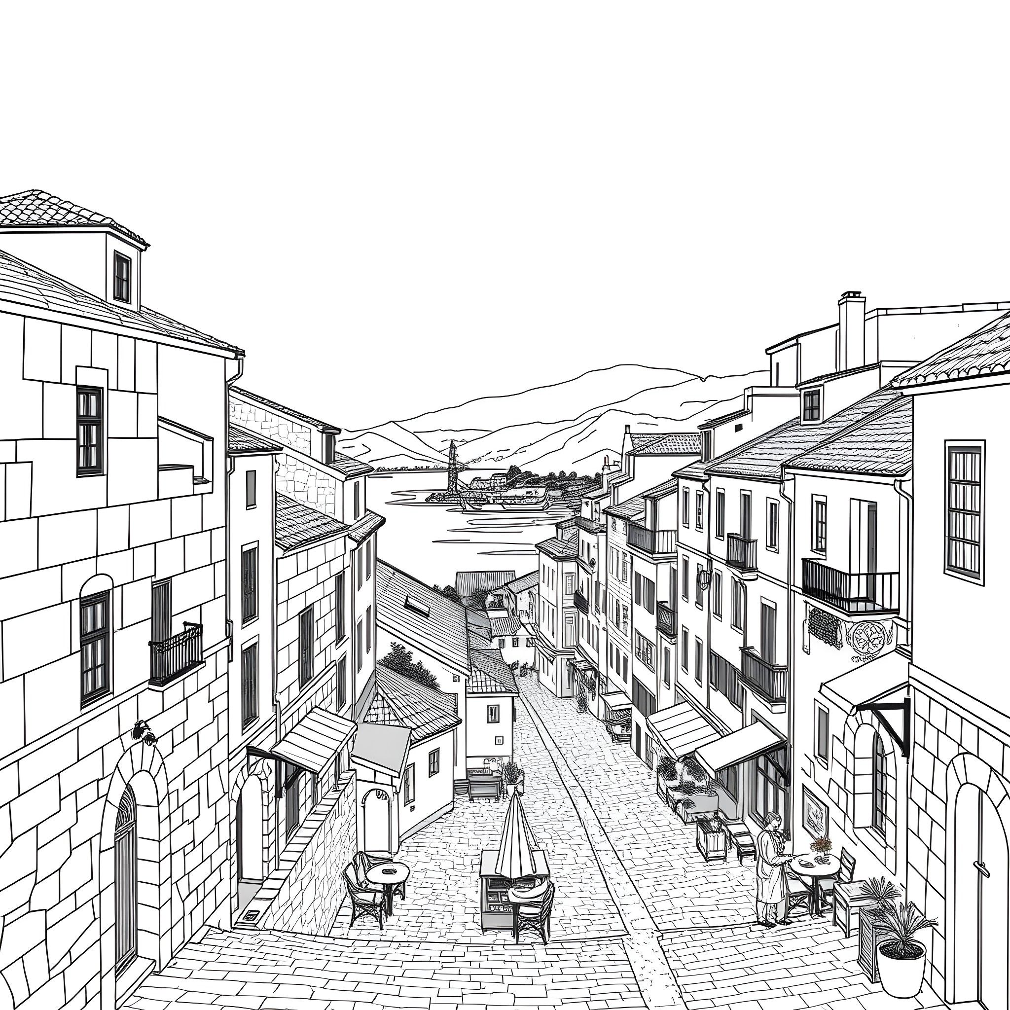 City Bustling with Pedestrians and Storefronts Coloring Page (free black-and-white line drawing printable PDF for all, from beginners to advanced learners, including children, teens, adults, and seniors)