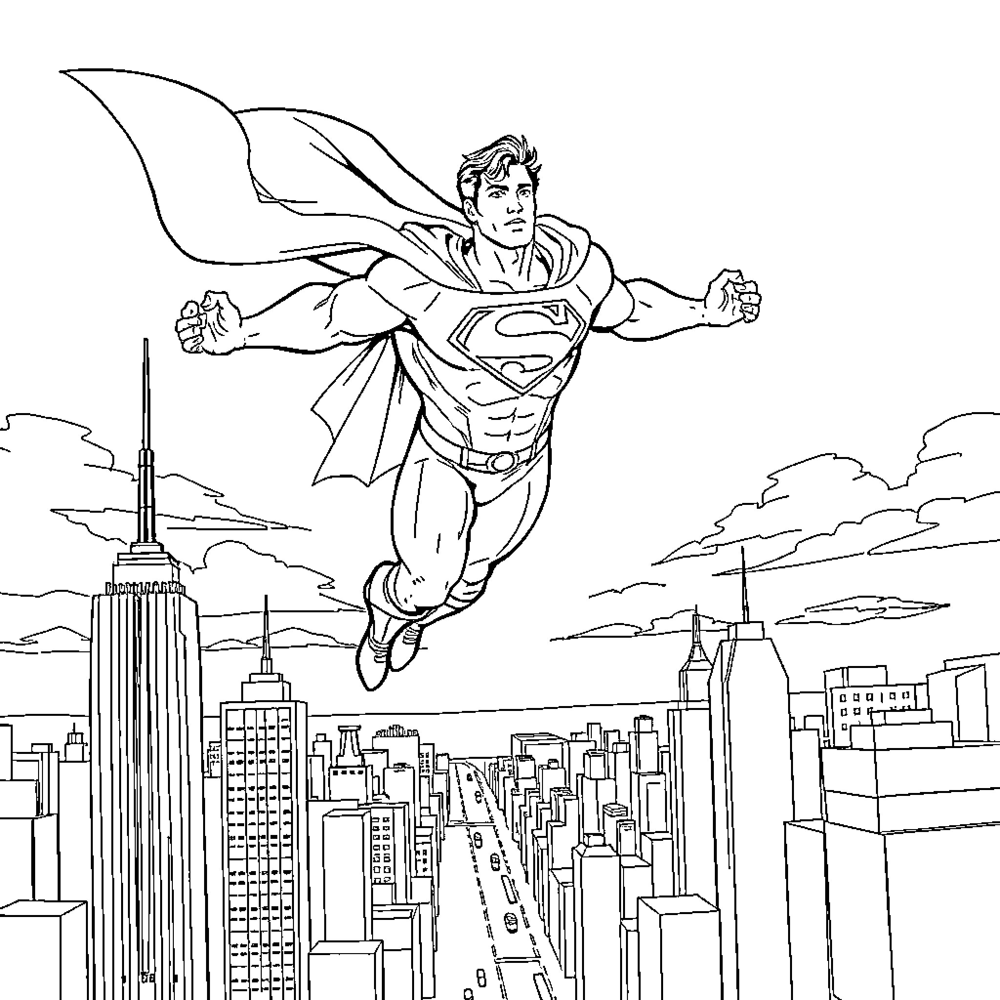 Superman soaring over the cityscape Coloring Page (free black-and-white line drawing printable PDF for all, from beginners to advanced learners, including children, teens, adults, and seniors)