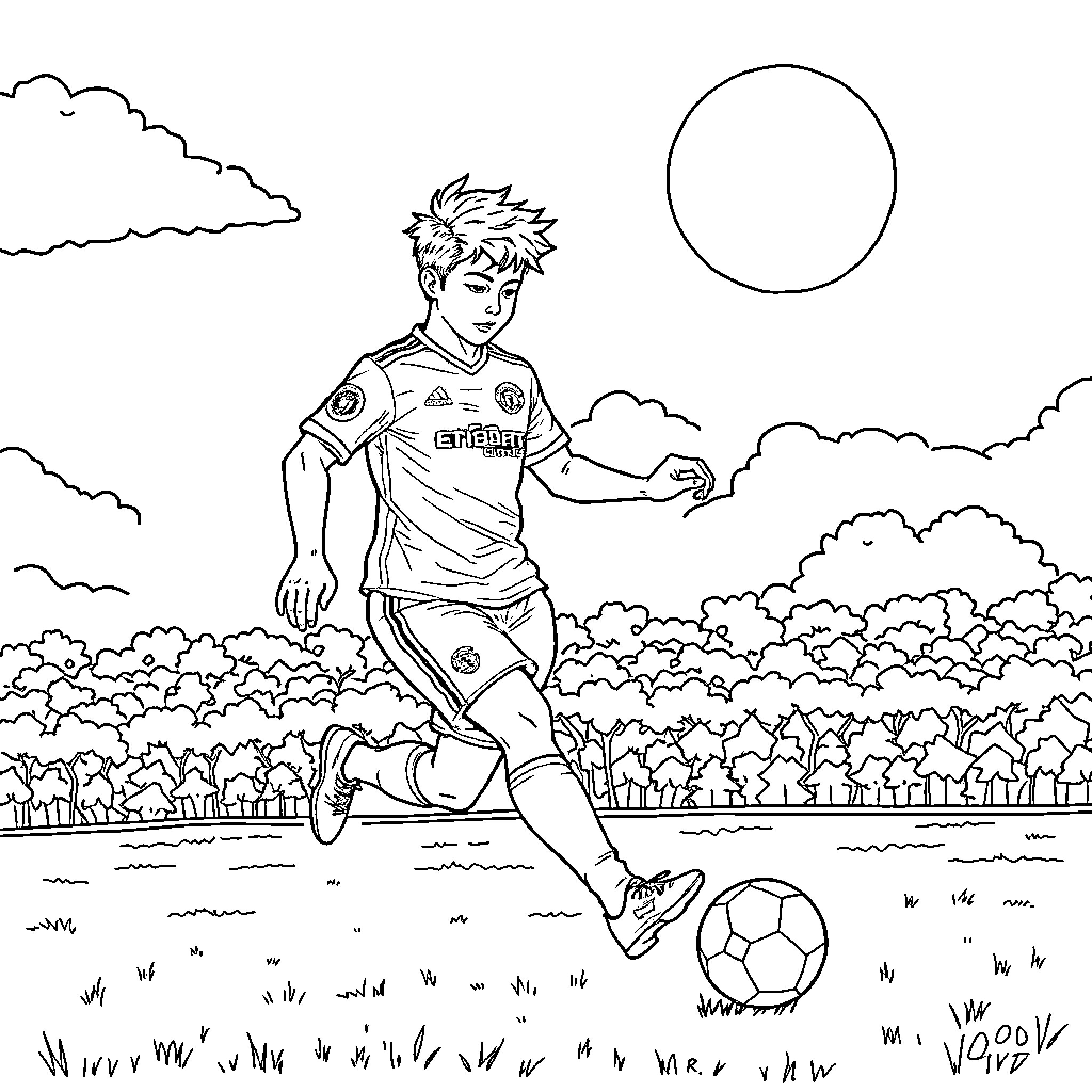 Rumi plays football in the field Coloring Page (free black-and-white line drawing printable PDF for all, from beginners to advanced learners, including children, teens, adults, and seniors)