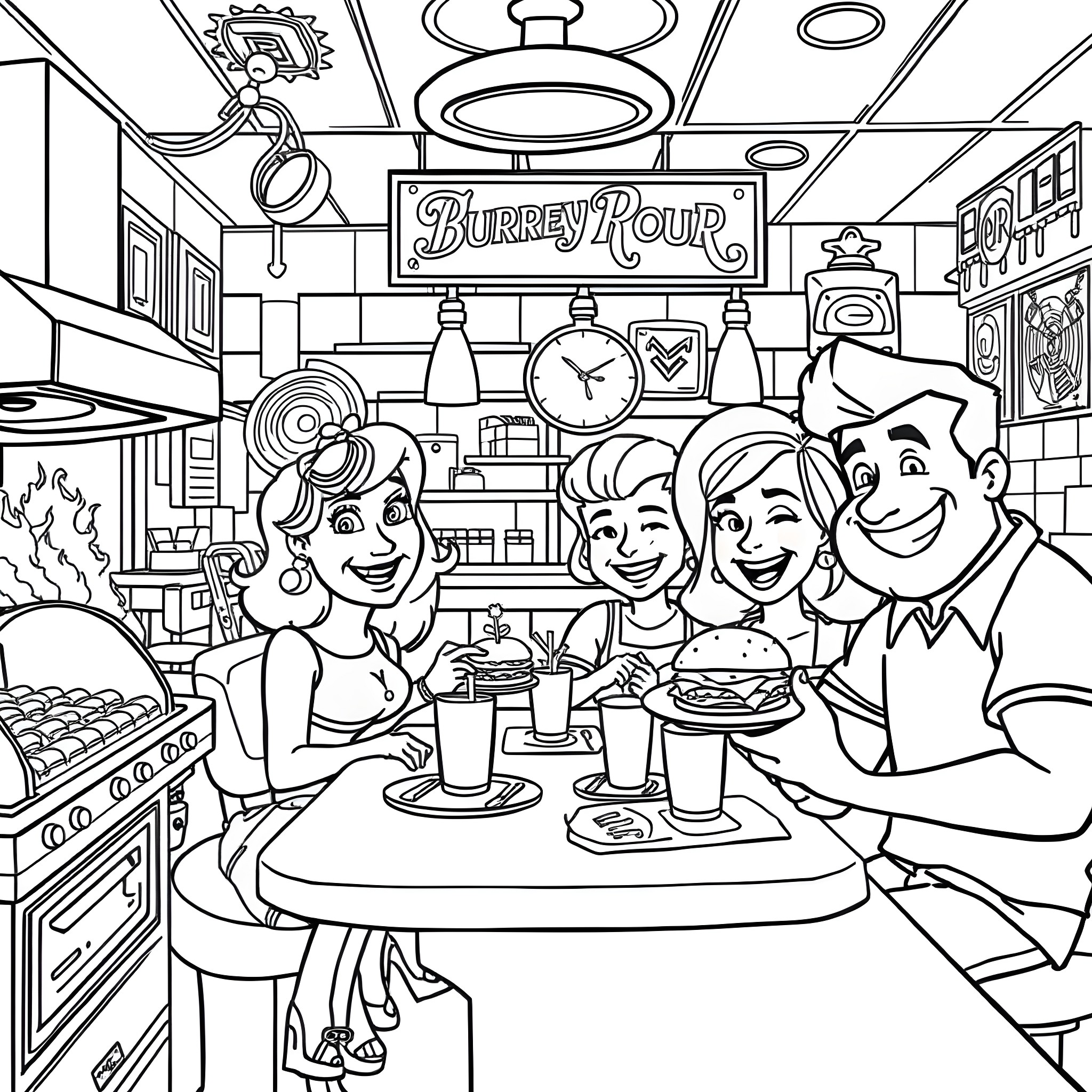 Bob's Family Enjoying a Meal at the Diner Coloring Page (free black-and-white line drawing printable PDF for all, from beginners to advanced learners, including children, teens, adults, and seniors)