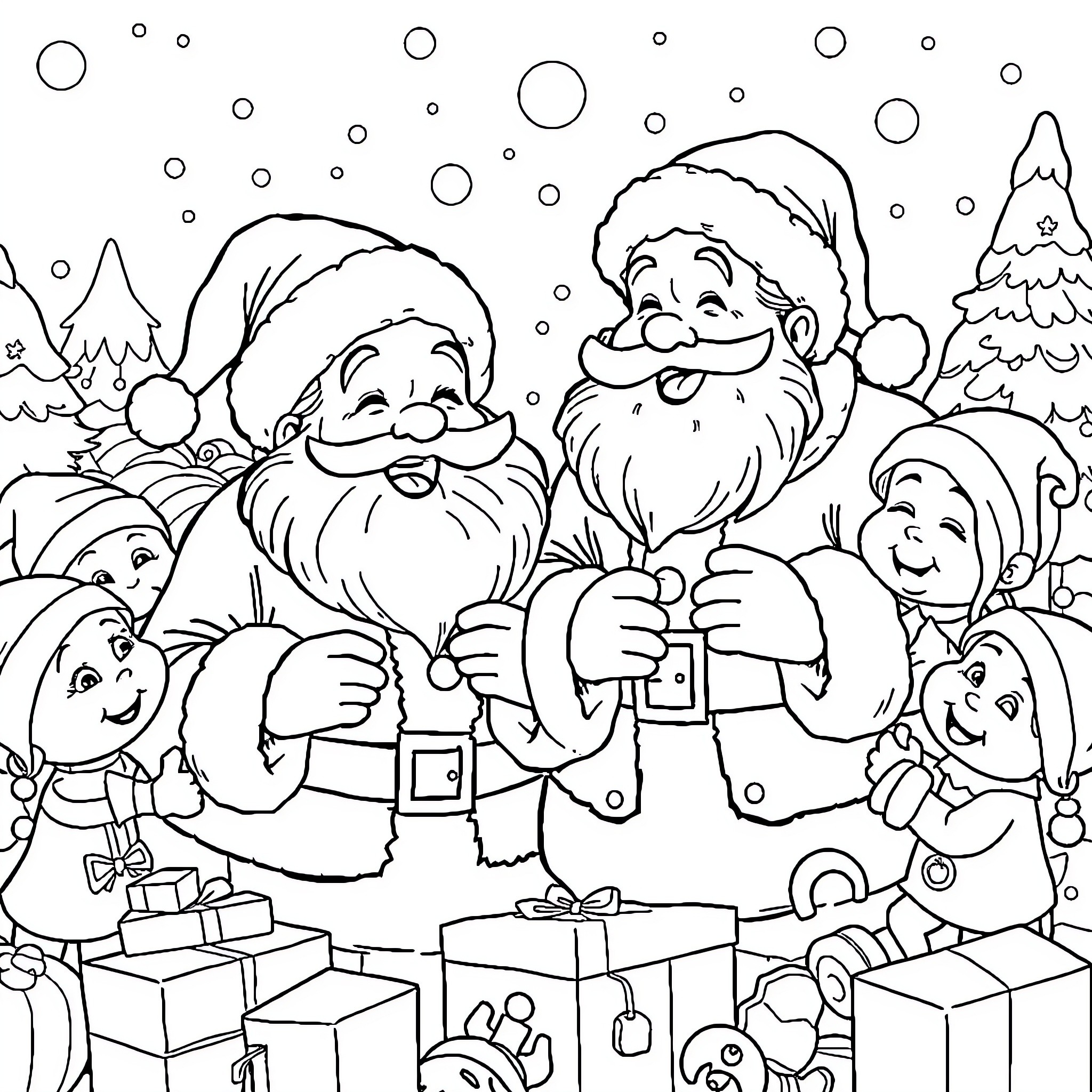 Santa and Helpers Celebrating in Snowy Wonderland Coloring Page (free black-and-white line drawing printable PDF for all, from beginners to advanced learners, including children, teens, adults, and seniors)