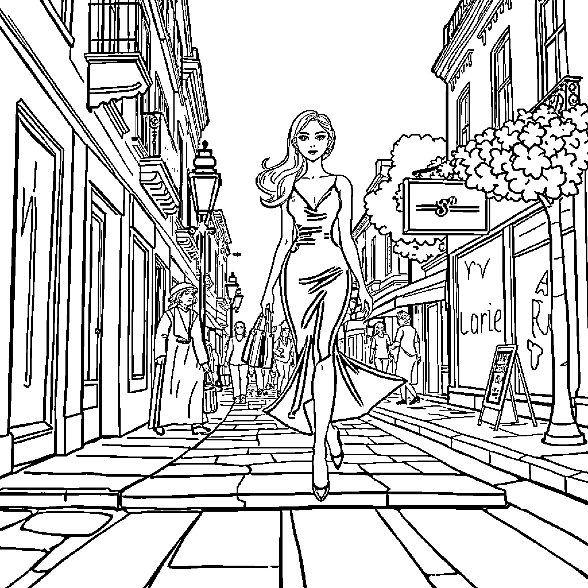 Woman walking confidently through bustling city street Coloring Page (free black-and-white line drawing printable PDF for all, from beginners to advanced learners, including children, teens, adults, and seniors)