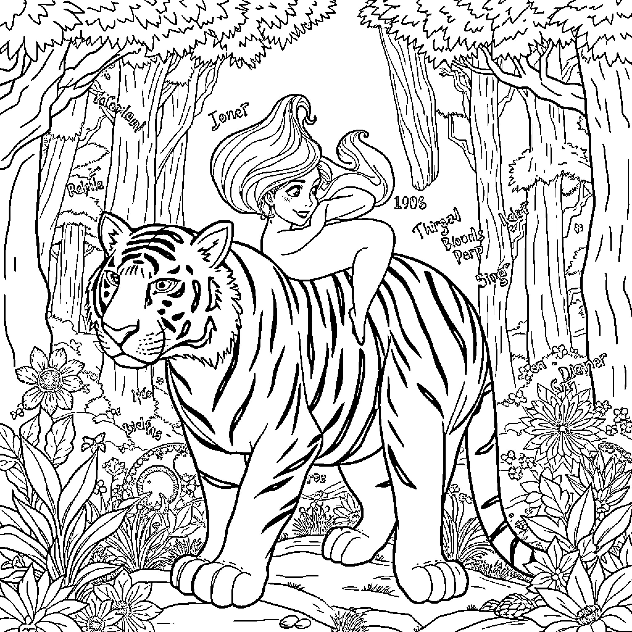 Ariel exploring the enchanted forest with a tiger Coloring Page (free black-and-white line drawing printable PDF for all, from beginners to advanced learners, including children, teens, adults, and seniors)