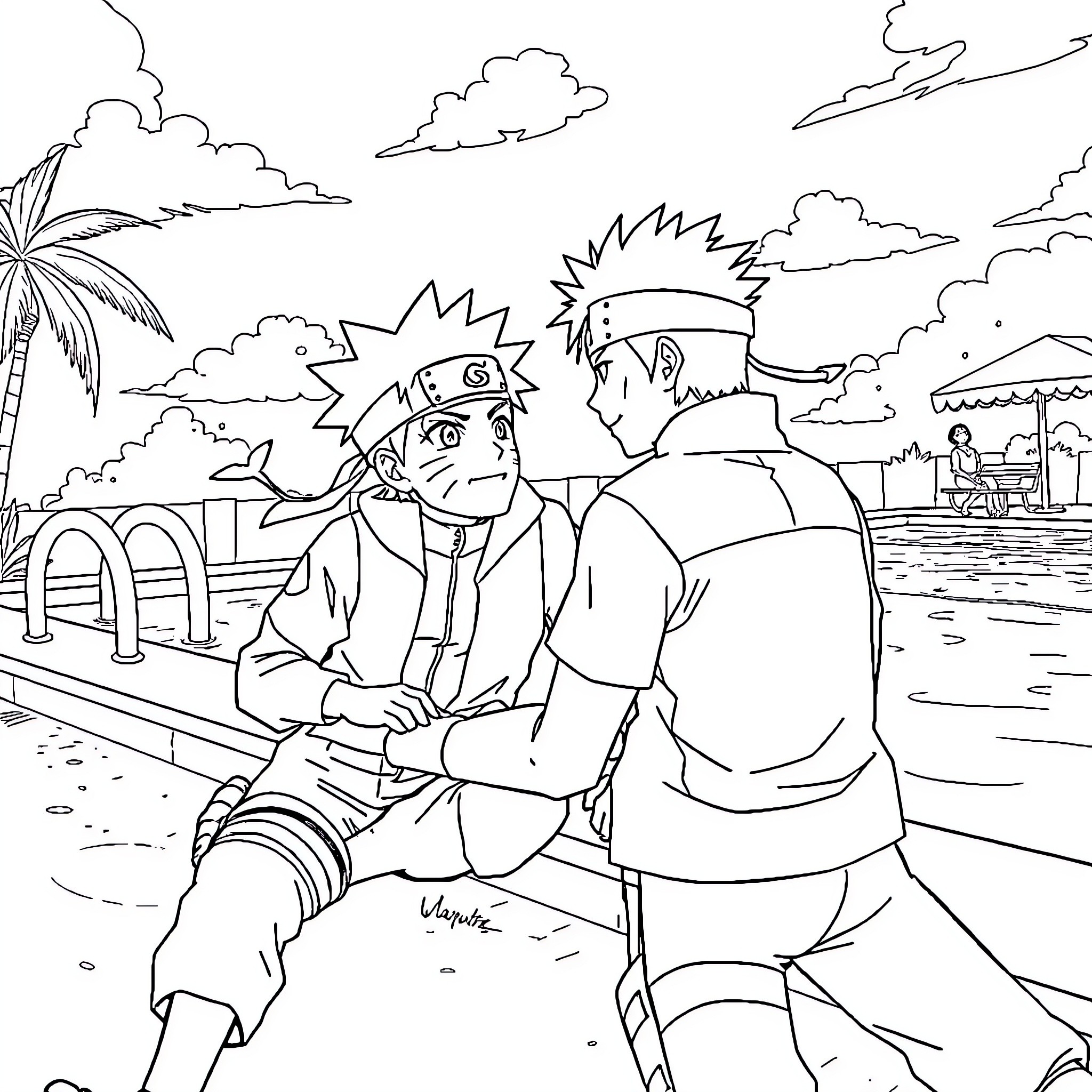 Naruto characters in an outdoor scene Coloring Page (free black-and-white line drawing printable PDF for all, from beginners to advanced learners, including children, teens, adults, and seniors)