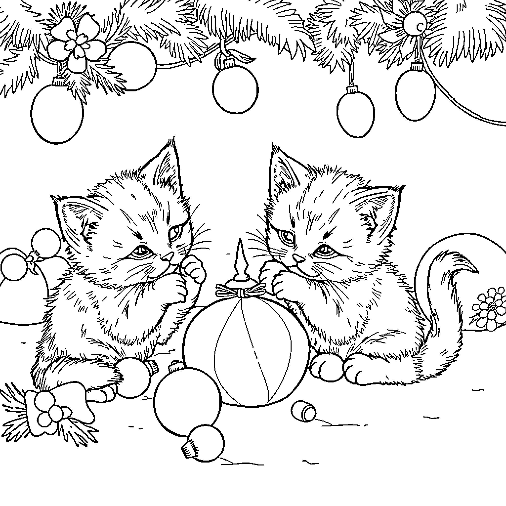 Kitty Kittens Playing with Christmas Ornaments Coloring Page (free black-and-white line drawing printable PDF for all, from beginners to advanced learners, including children, teens, adults, and seniors)