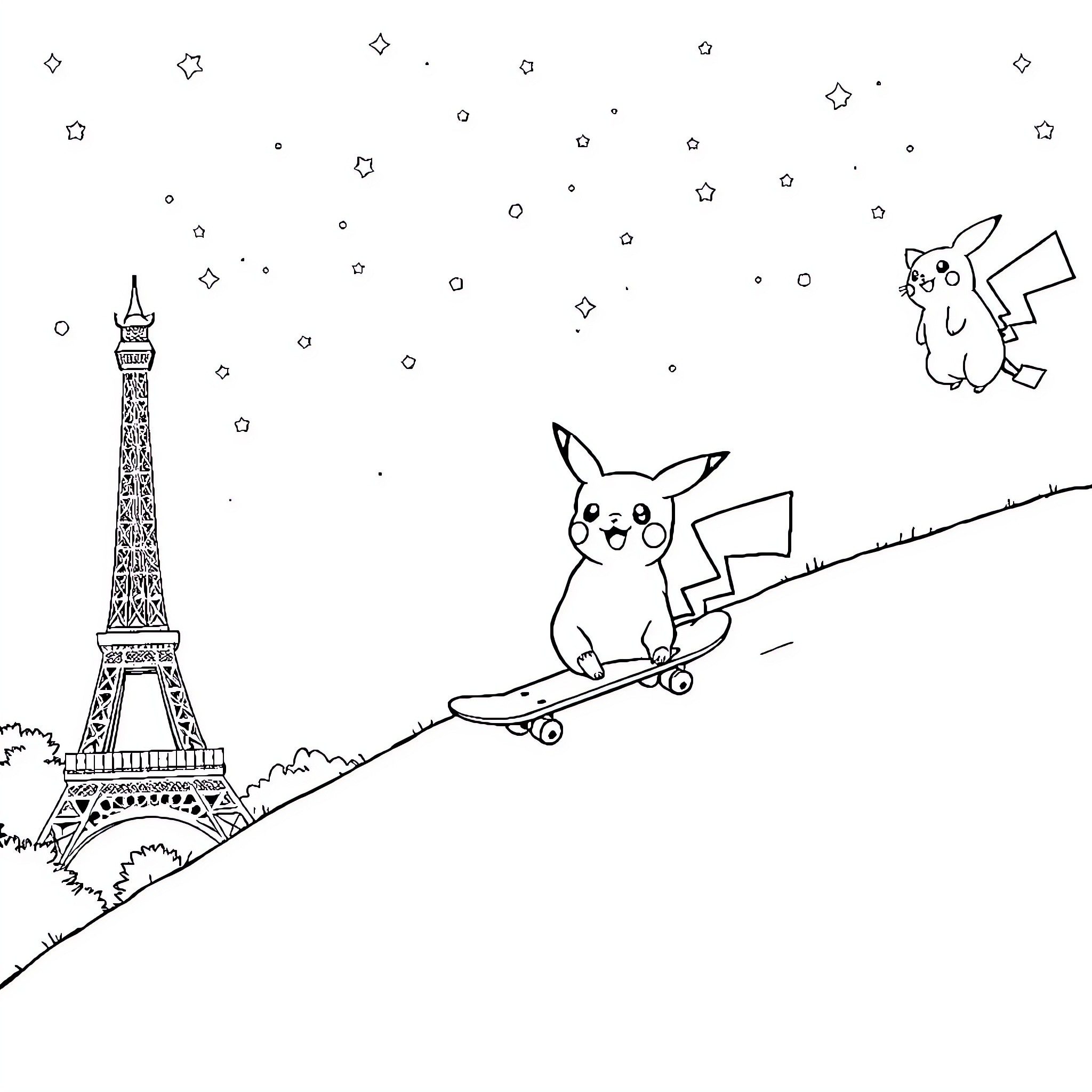 Cat skateboarding by the Eiffel Tower Coloring Page (free black-and-white line drawing printable PDF for all, from beginners to advanced learners, including children, teens, adults, and seniors)