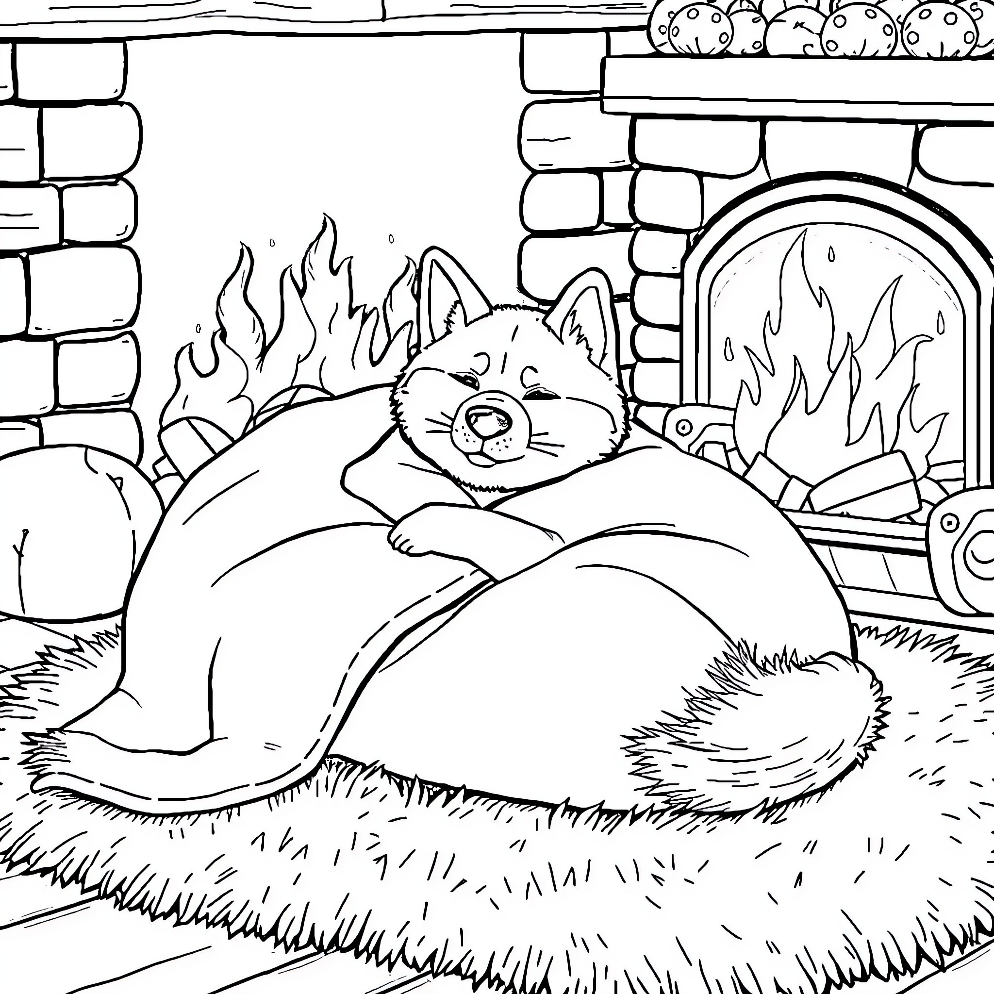 Shiba Inu relaxing by the fireplace Coloring Page (free black-and-white line drawing printable PDF for all, from beginners to advanced learners, including children, teens, adults, and seniors)