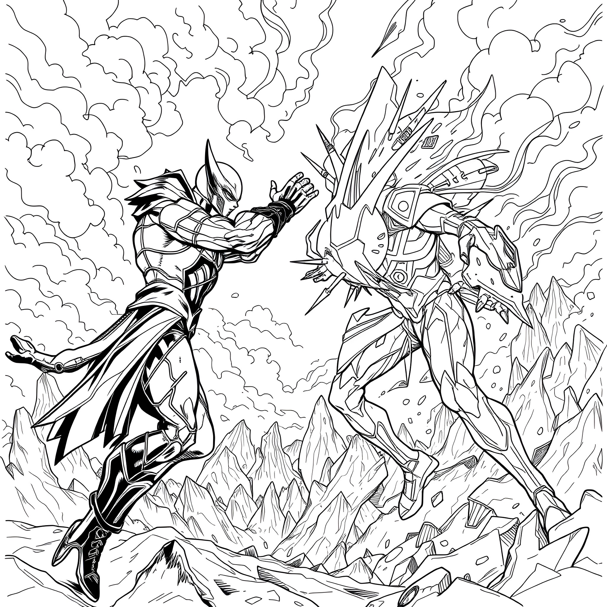 Neuro Sama: Epic Clash Between Powerful Warriors Coloring Page (free black-and-white line drawing printable PDF for all, from beginners to advanced learners, including children, teens, adults, and seniors)