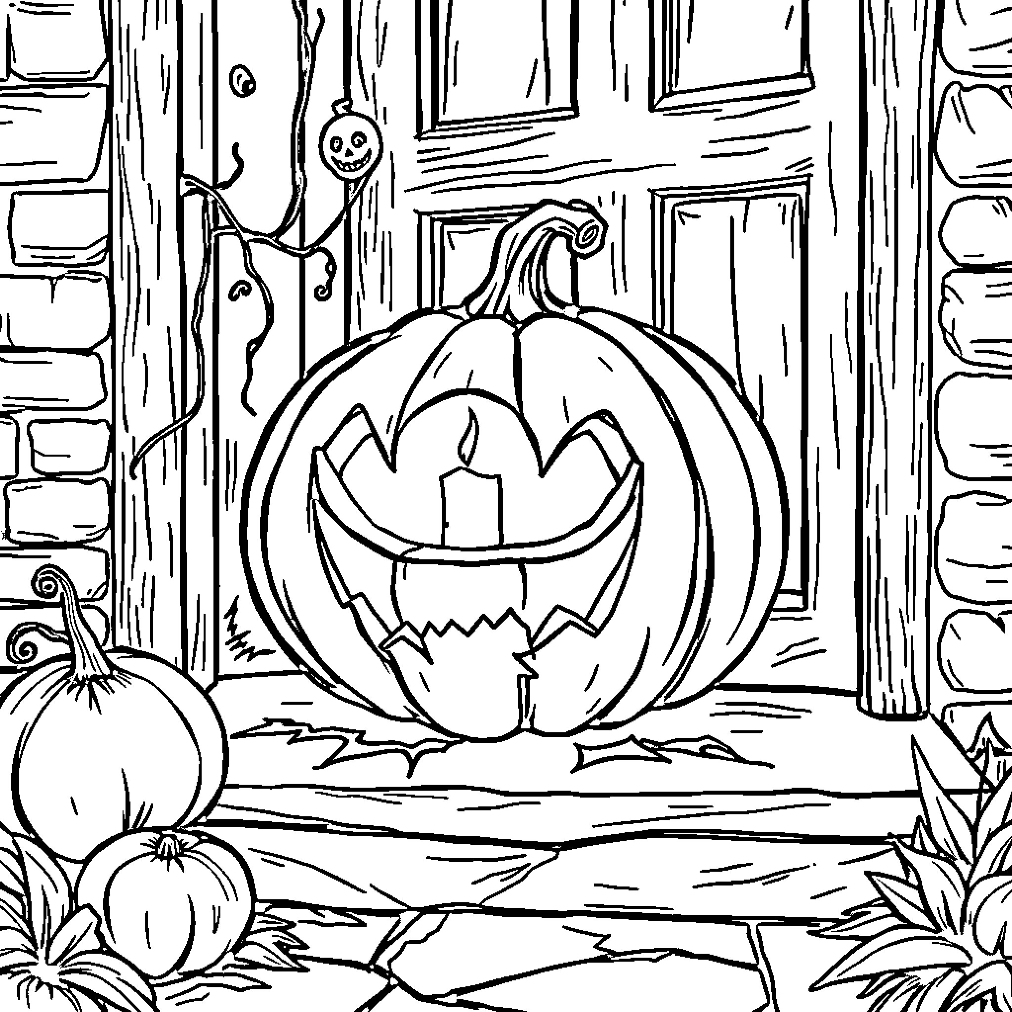 Pumpkin Halloween Decorations and Foliage Coloring Page (free black-and-white line drawing printable PDF for all, from beginners to advanced learners, including children, teens, adults, and seniors)