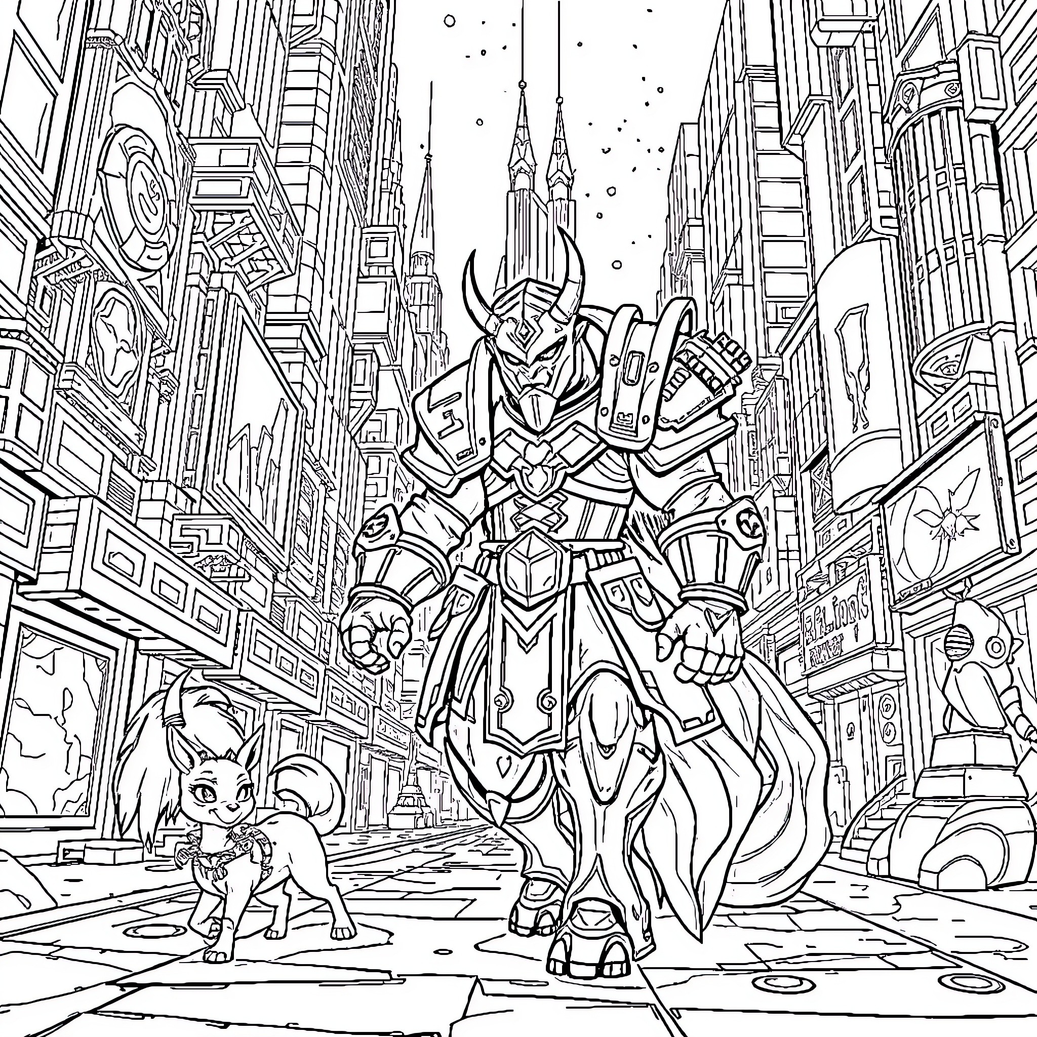 Orc warrior battles in the city streets Coloring Page (free black-and-white line drawing printable PDF for all, from beginners to advanced learners, including children, teens, adults, and seniors)