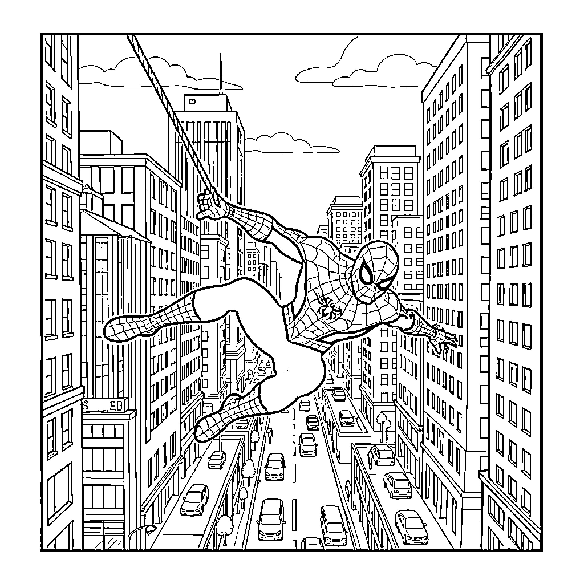 Spiderman swinging through the city skyline Coloring Page (free black-and-white line drawing printable PDF for all, from beginners to advanced learners, including children, teens, adults, and seniors)