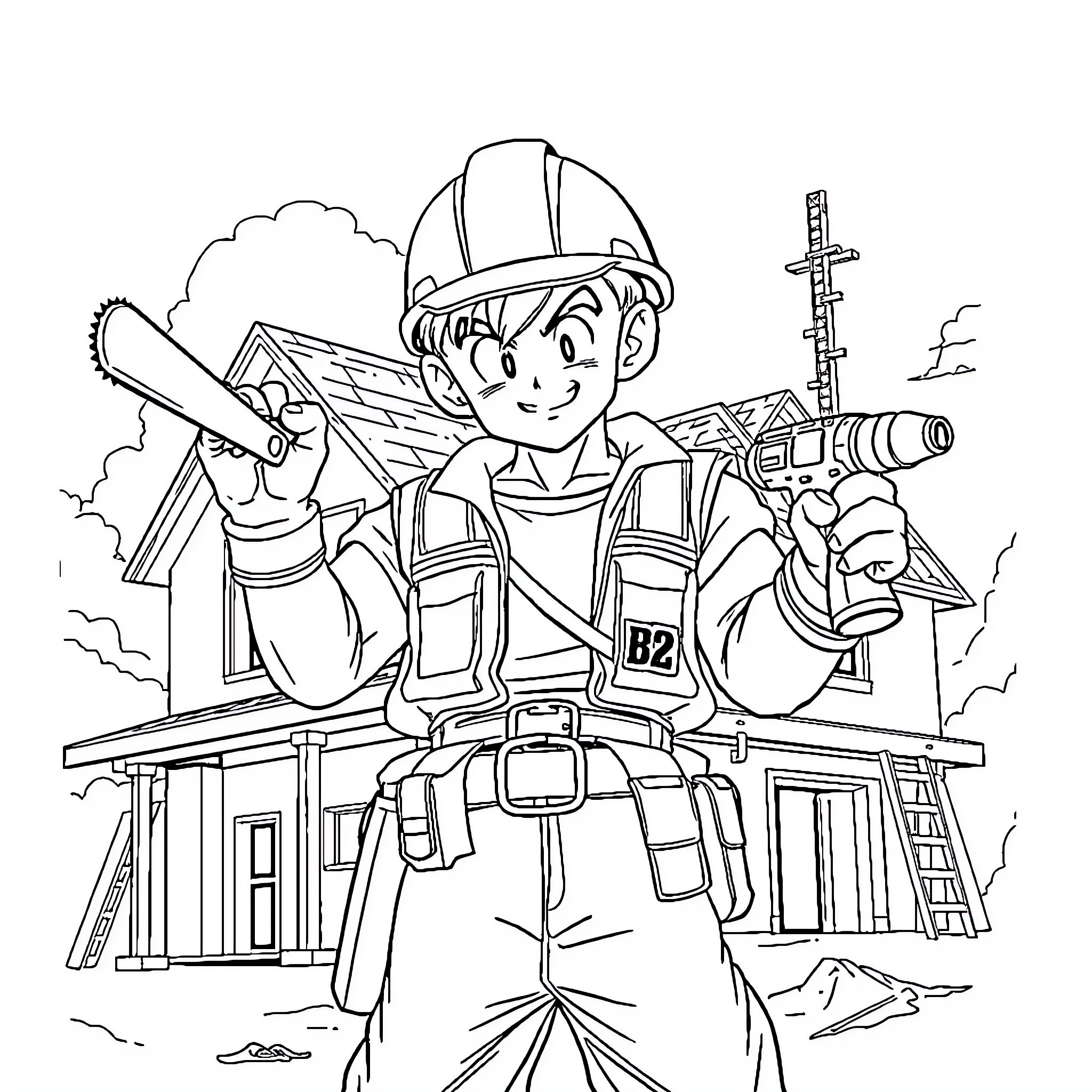 Fajita Construction Worker Building a New Home Coloring Page (free black-and-white line drawing printable PDF for all, from beginners to advanced learners, including children, teens, adults, and seniors)