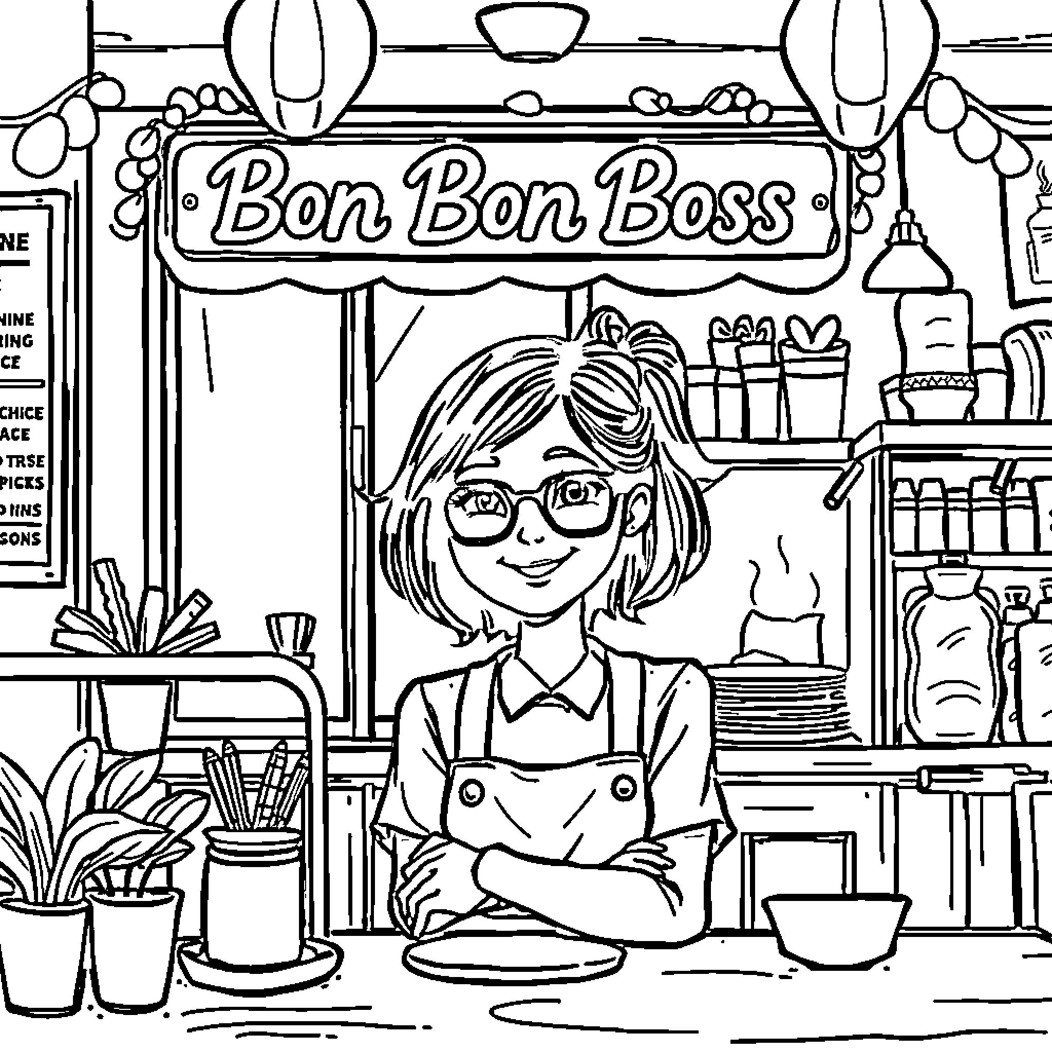 Girl at Bon Bon Boss cafe Coloring Page (free black-and-white line drawing printable PDF for all, from beginners to advanced learners, including children, teens, adults, and seniors)