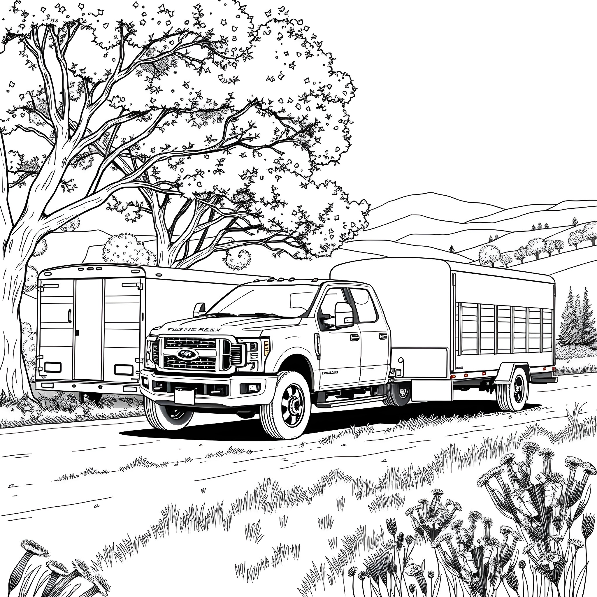 Pickup truck transporting equipment through scenic landscape Coloring Page (free black-and-white line drawing printable PDF for all, from beginners to advanced learners, including children, teens, adults, and seniors)