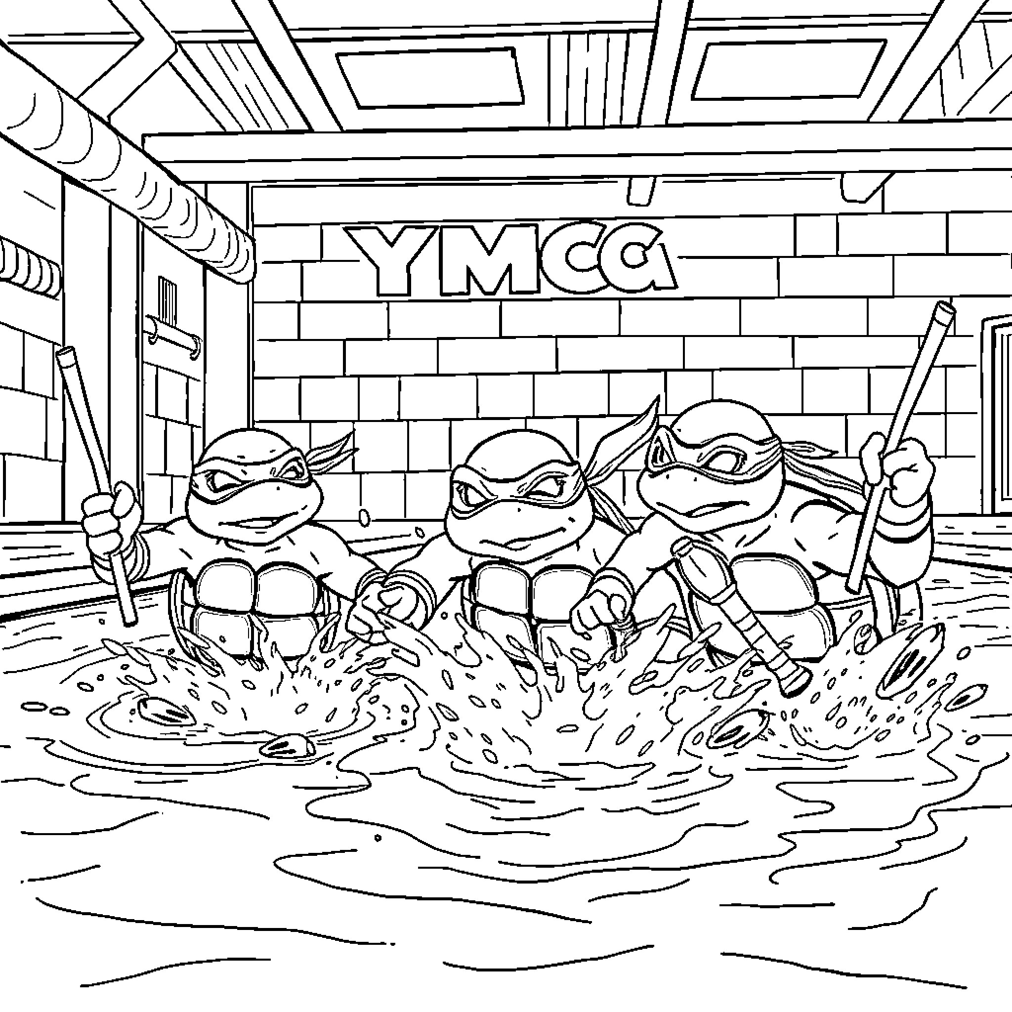 Ninja Turtles battling in the YMCA lobby Coloring Page (free black-and-white line drawing printable PDF for all, from beginners to advanced learners, including children, teens, adults, and seniors)