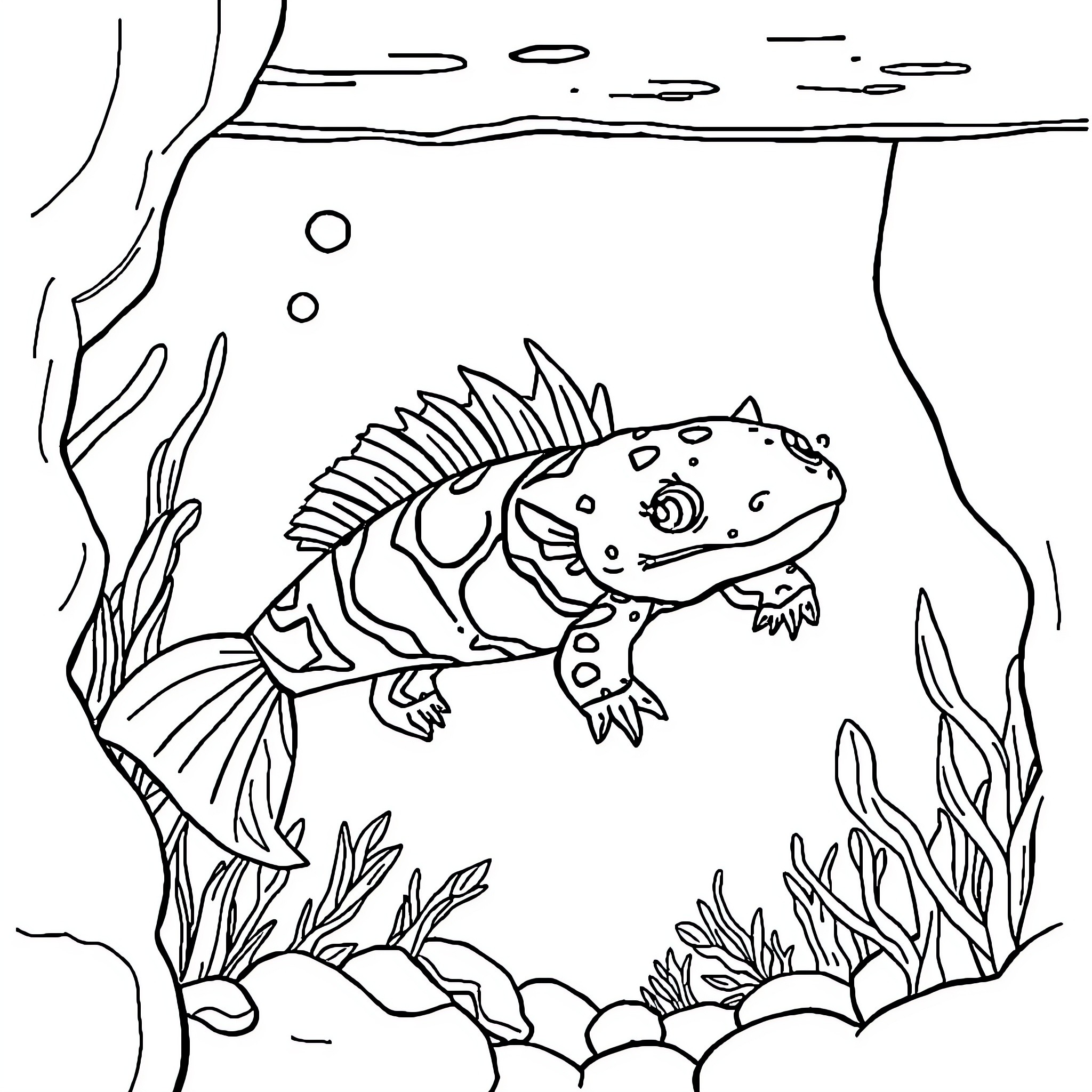 Axolotl swimming in the underwater world Coloring Page (free black-and-white line drawing printable PDF for all, from beginners to advanced learners, including children, teens, adults, and seniors)
