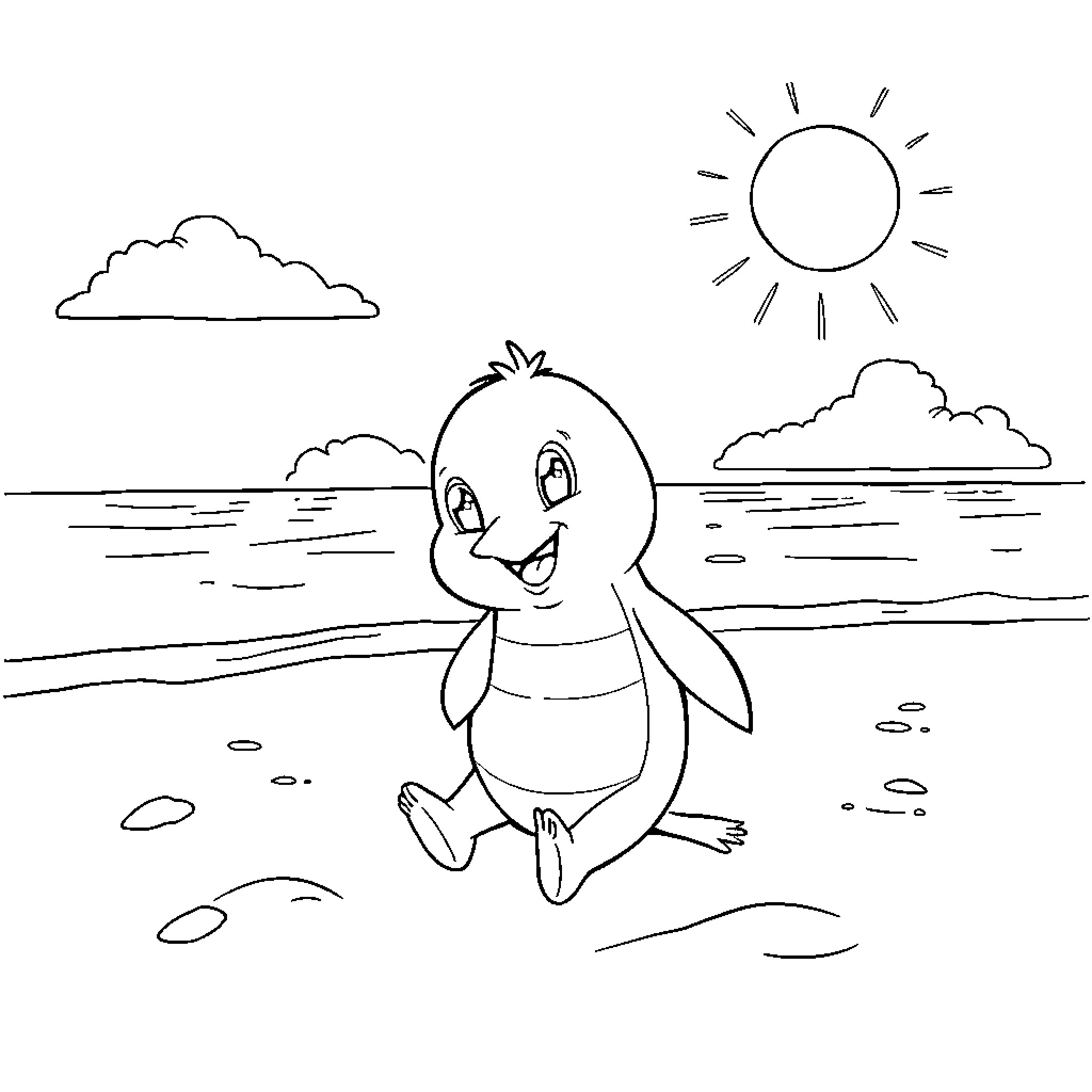 Daddydiglet's beach adventure Coloring Page (free black-and-white line drawing printable PDF for all, from beginners to advanced learners, including children, teens, adults, and seniors)