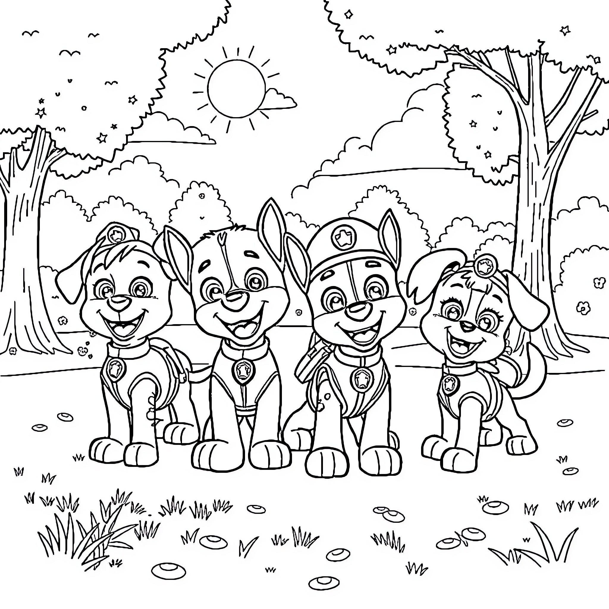 Paw Patrol playing happily in the park Coloring Page (free black-and-white line drawing printable PDF for all, from beginners to advanced learners, including children, teens, adults, and seniors)