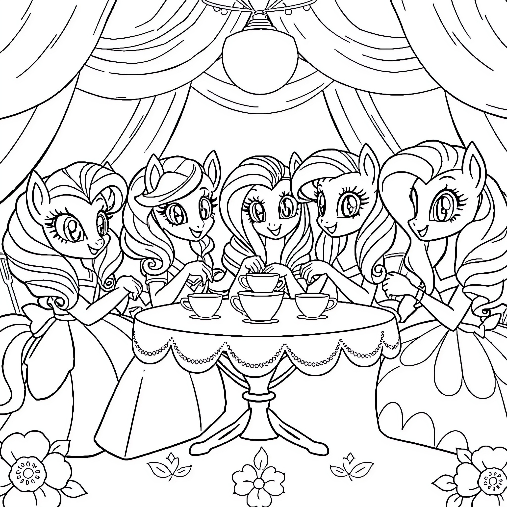 Pony friends enjoying a tea party Coloring Page (free black-and-white line drawing printable PDF for all, from beginners to advanced learners, including children, teens, adults, and seniors)