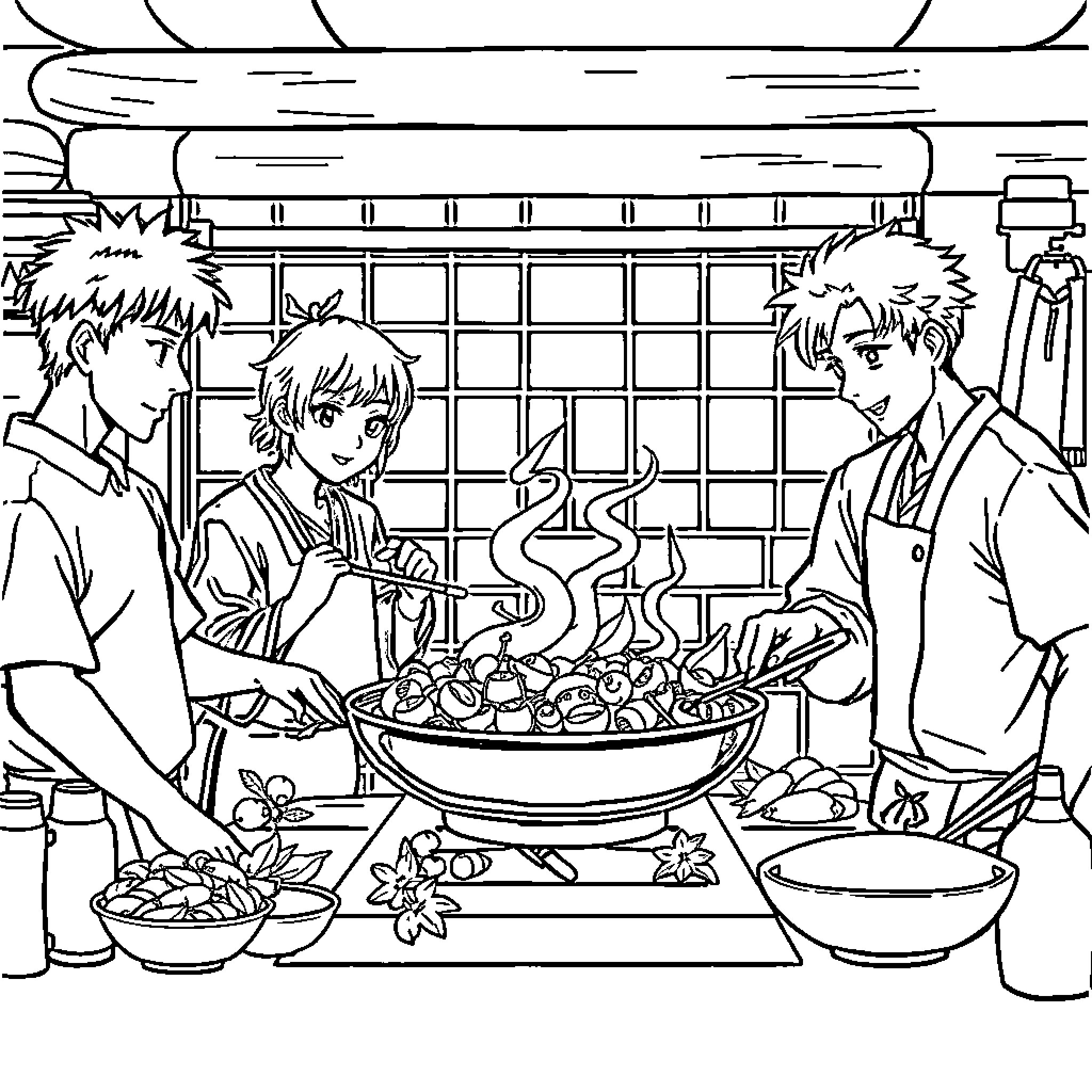 Haikyū Characters Cooking in the Kitchen Coloring Page (free black-and-white line drawing printable PDF for all, from beginners to advanced learners, including children, teens, adults, and seniors)