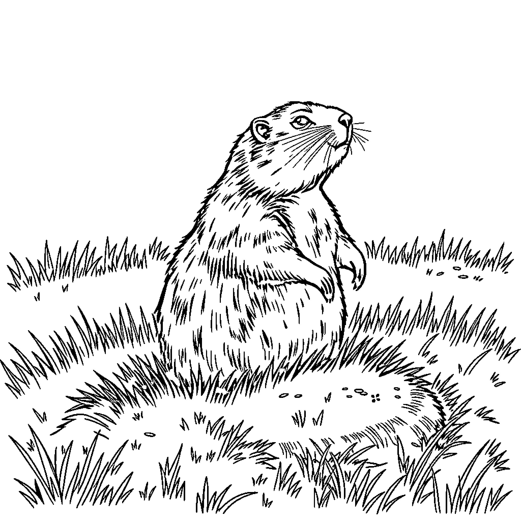 Groundhog peeking out from tall grass Coloring Page (free black-and-white line drawing printable PDF for all, from beginners to advanced learners, including children, teens, adults, and seniors)