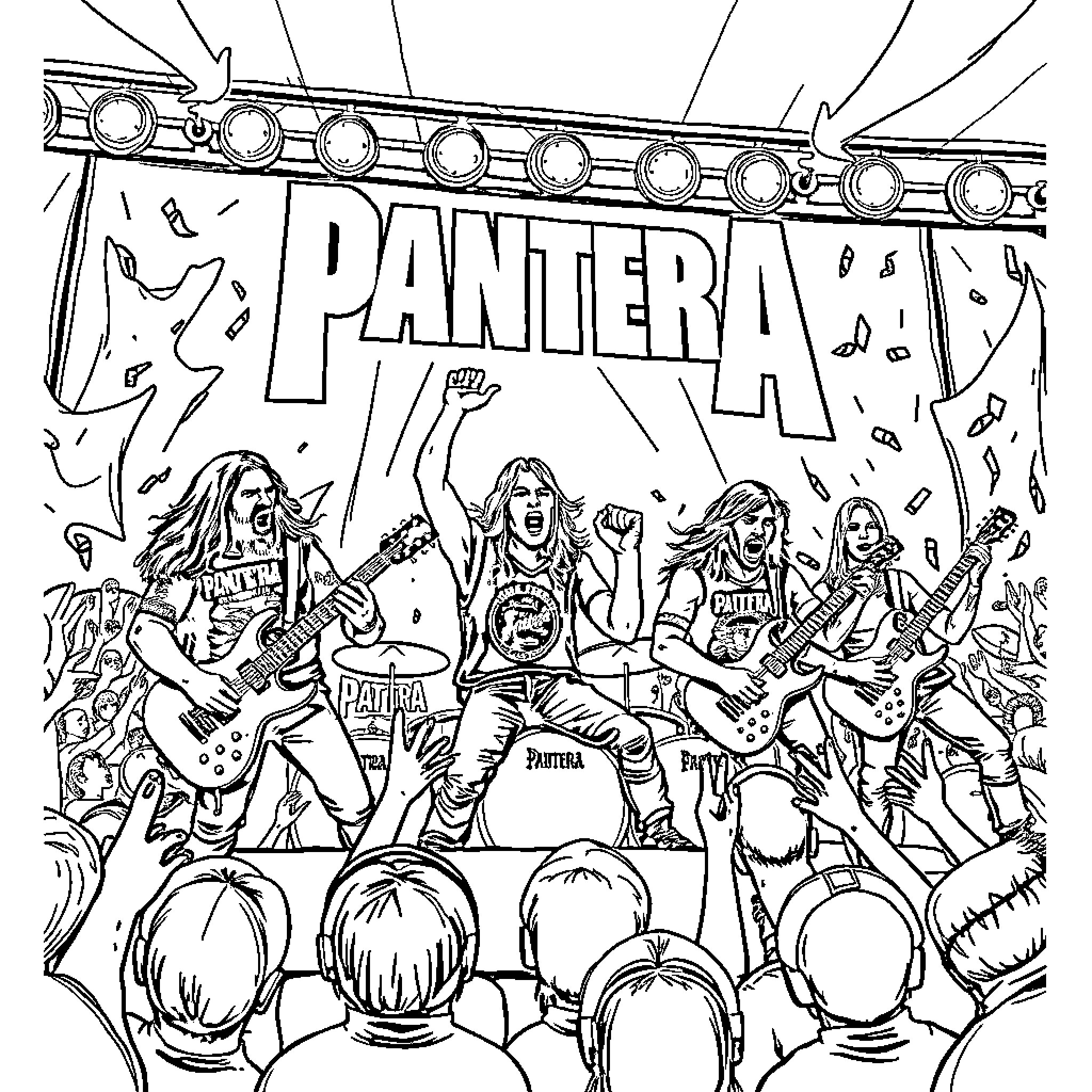 Pantera - Rocking Hard on Stage Coloring Page (free black-and-white line drawing printable PDF for all, from beginners to advanced learners, including children, teens, adults, and seniors)
