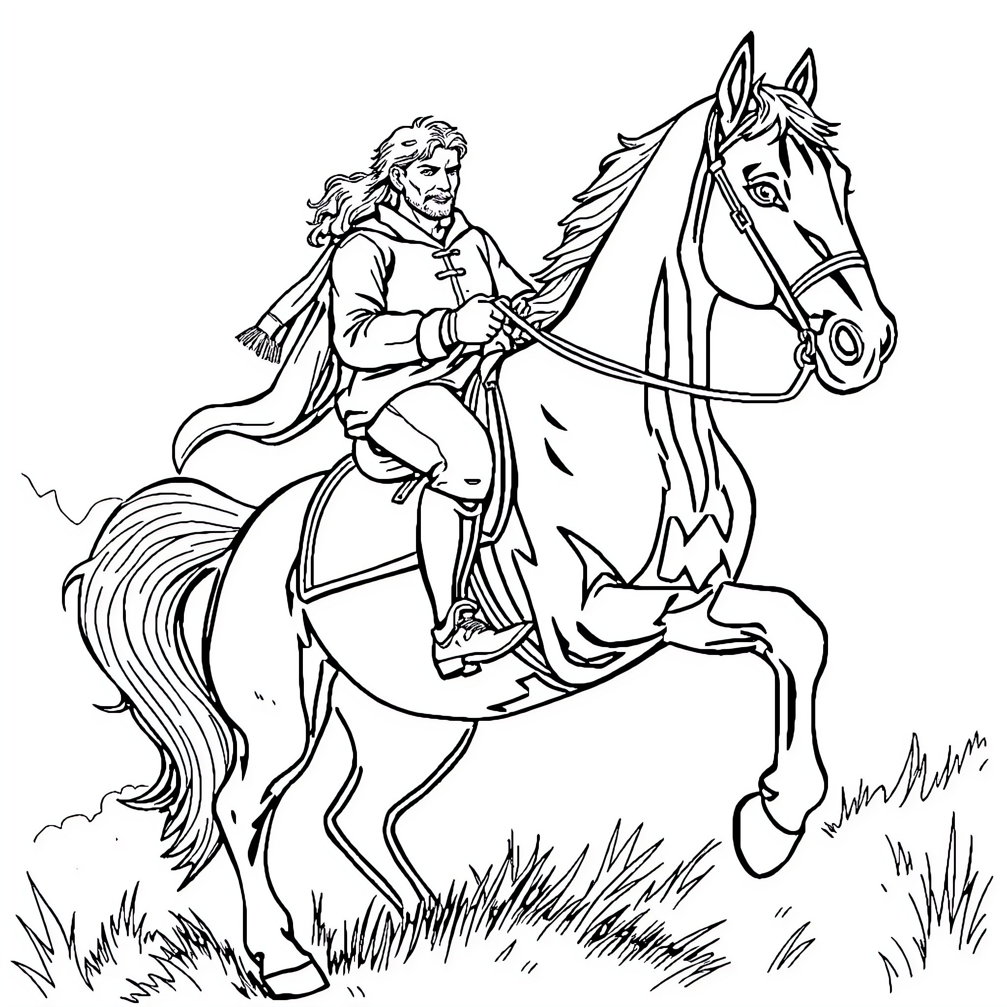 Rider galloping on a spirited horse in the meadow Coloring Page (free black-and-white line drawing printable PDF for all, from beginners to advanced learners, including children, teens, adults, and seniors)