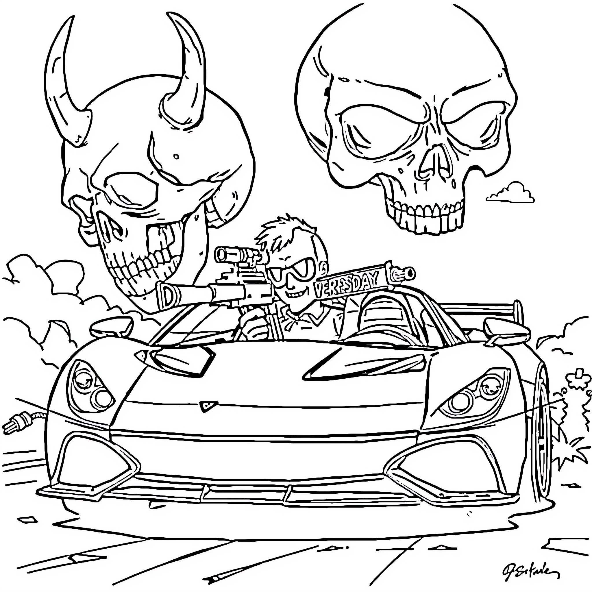 Wednesday's Demonic Vehicle and Skulls Coloring Page (free black-and-white line drawing printable PDF for all, from beginners to advanced learners, including children, teens, adults, and seniors)