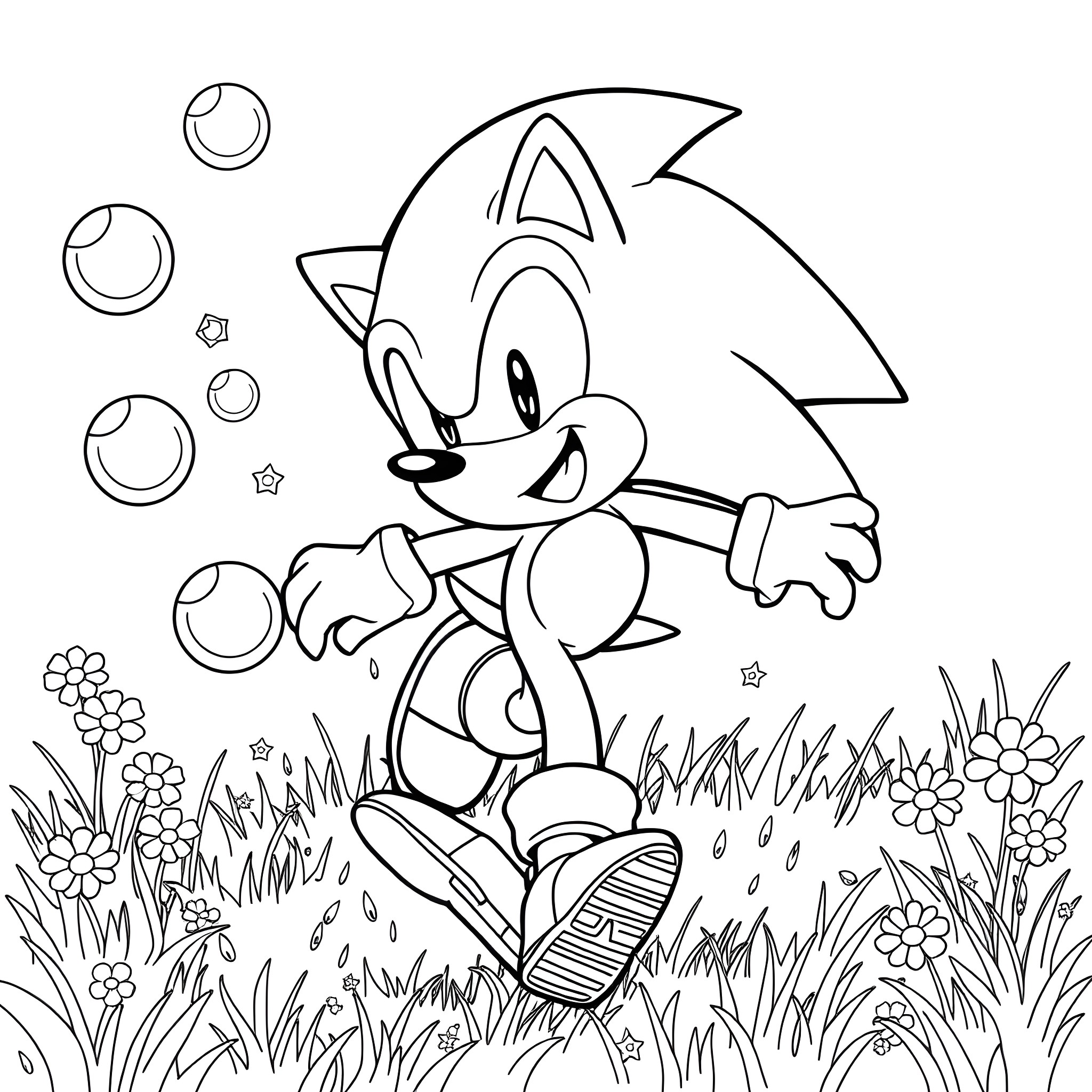 Sonic the Hedgehog running happily in the meadow Coloring Page (free black-and-white line drawing printable PDF for all, from beginners to advanced learners, including children, teens, adults, and seniors)