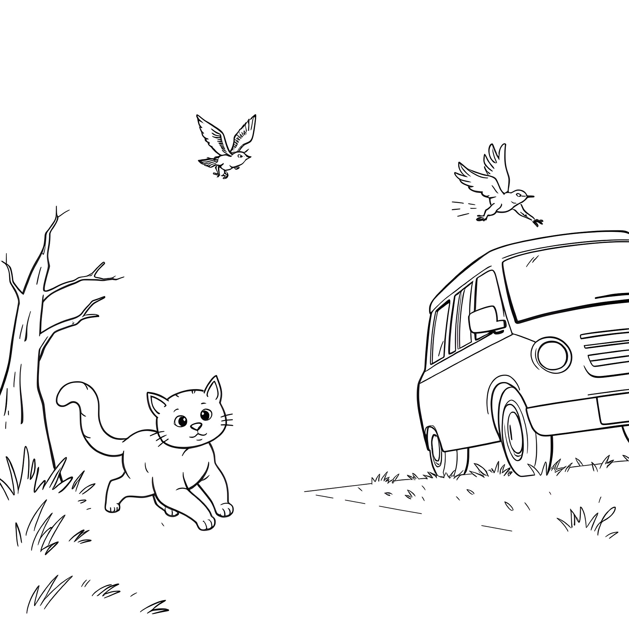 Cat exploring the outdoors near a parked car Coloring Page (free black-and-white line drawing printable PDF for all, from beginners to advanced learners, including children, teens, adults, and seniors)