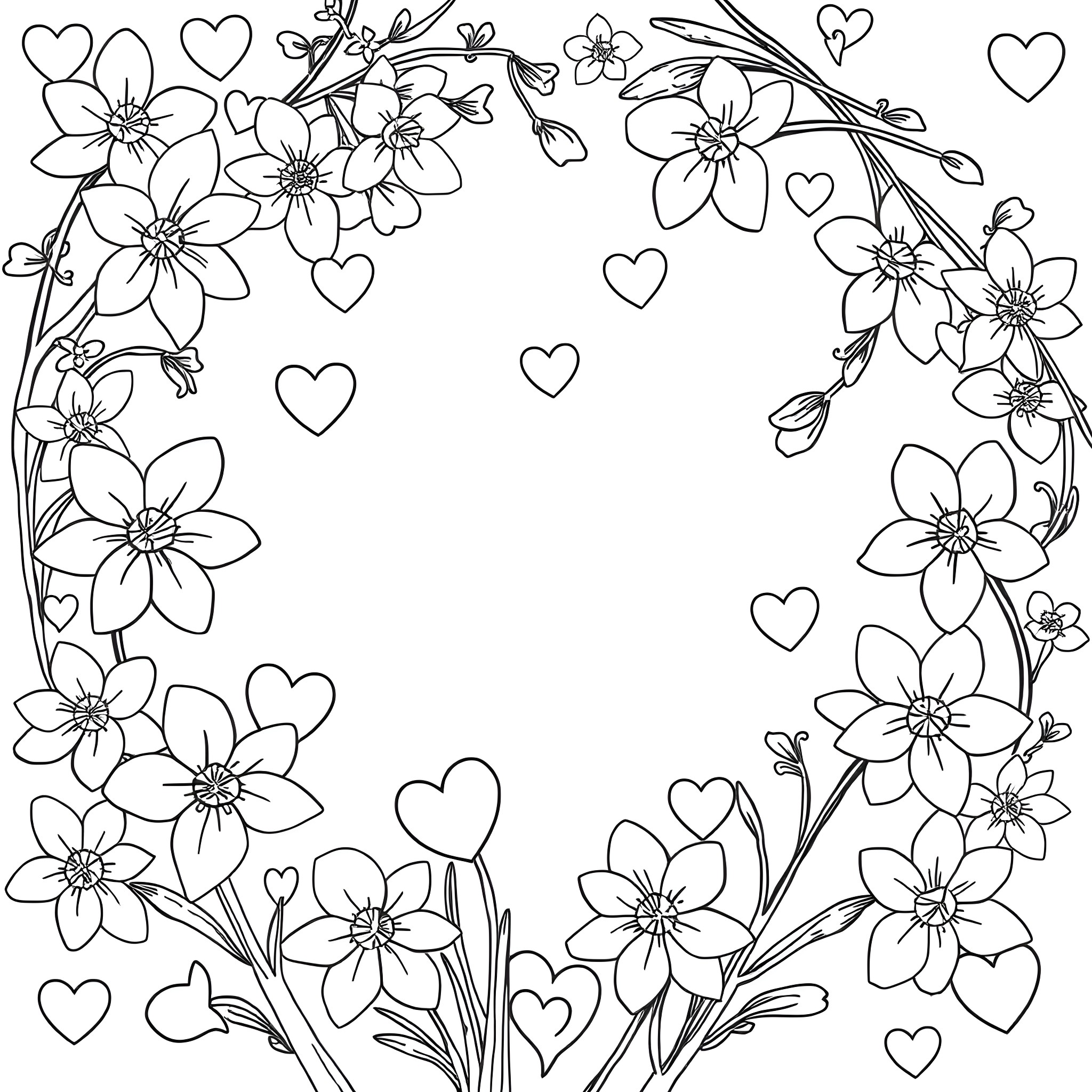 Narcissus celebrating with floral wreath and hearts Coloring Page (free black-and-white line drawing printable PDF for all, from beginners to advanced learners, including children, teens, adults, and seniors)