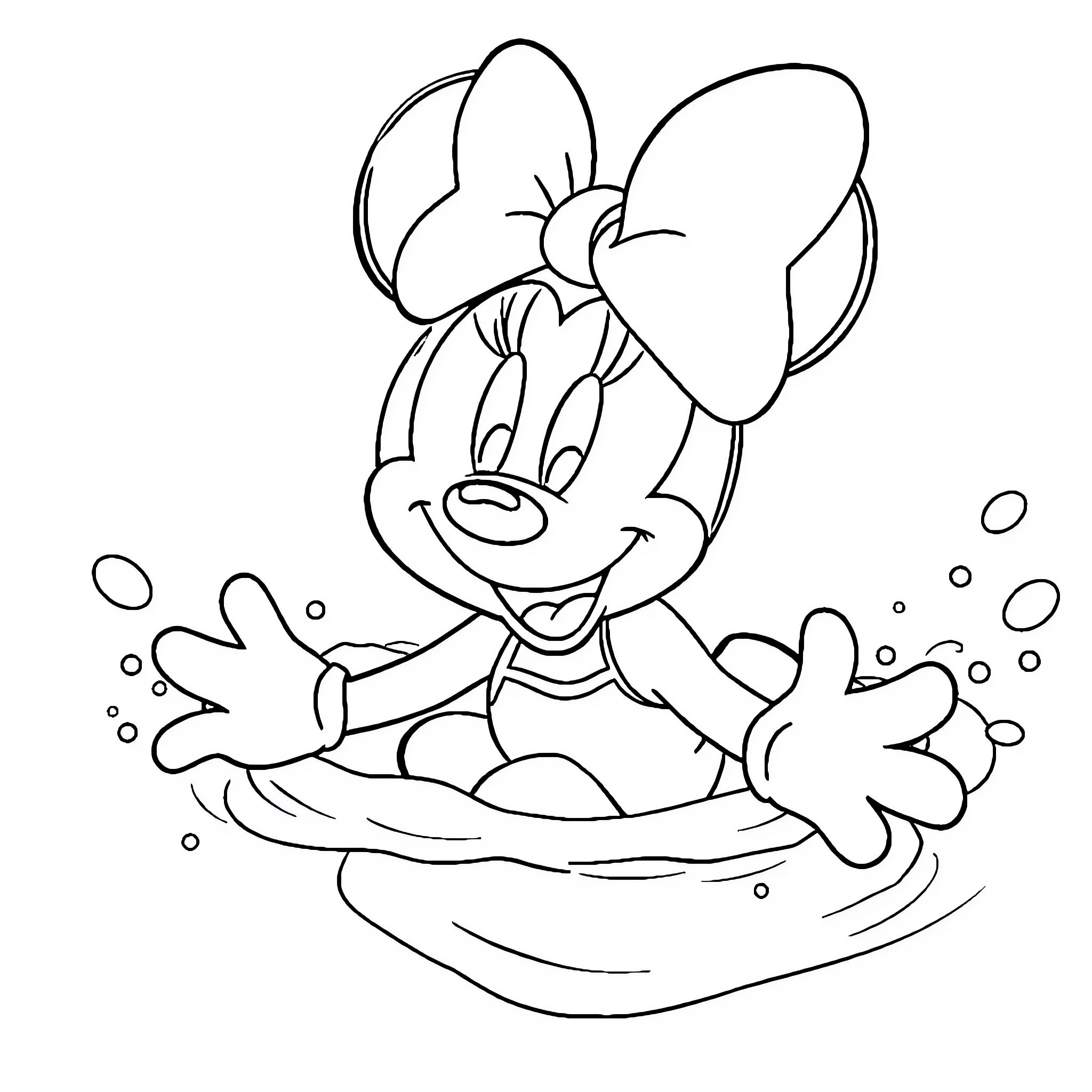Minnie Mouse enjoying a relaxing bath Coloring Page (free black-and-white line drawing printable PDF for all, from beginners to advanced learners, including children, teens, adults, and seniors)