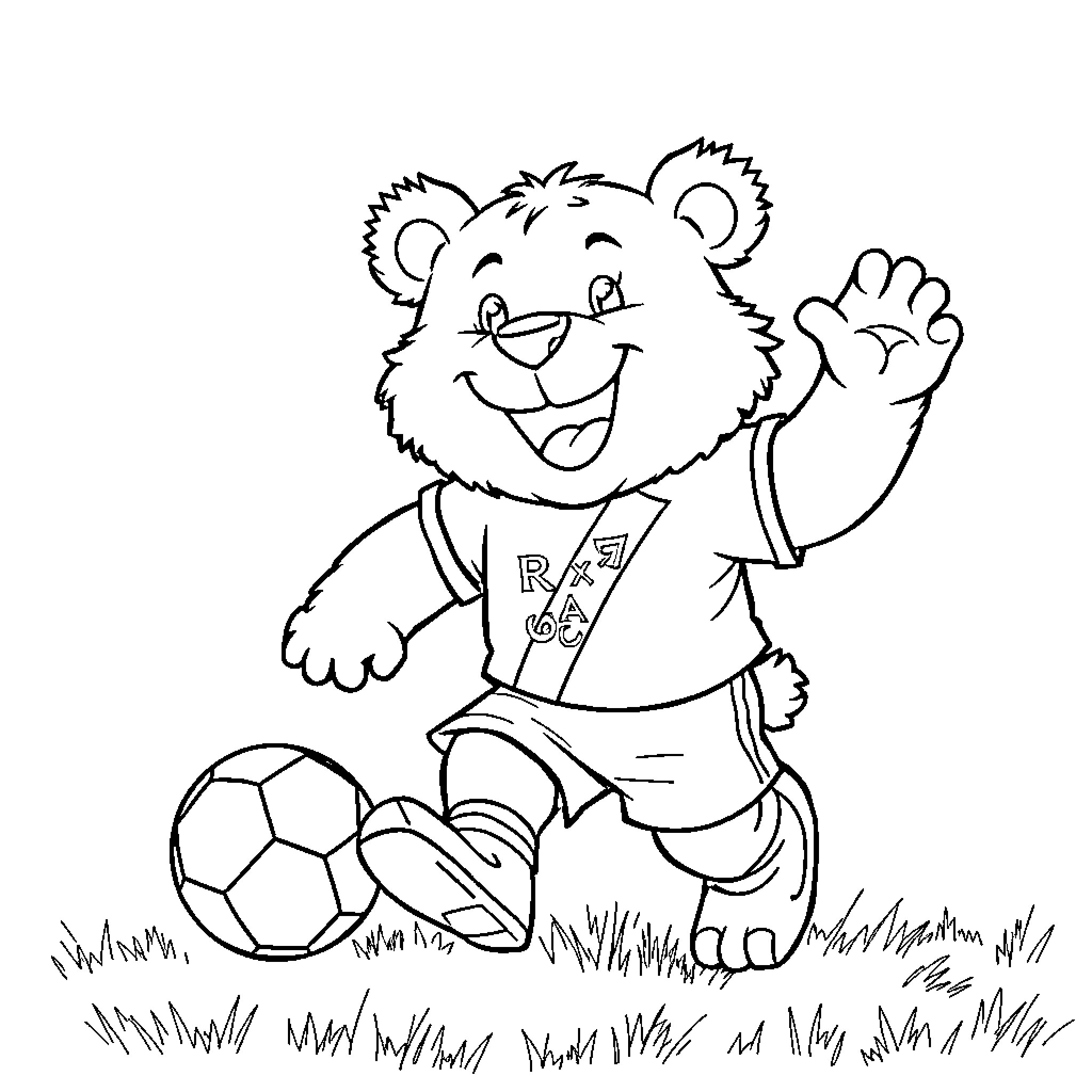 Bear playing with a soccer ball on grass Coloring Page (free black-and-white line drawing printable PDF for all, from beginners to advanced learners, including children, teens, adults, and seniors)