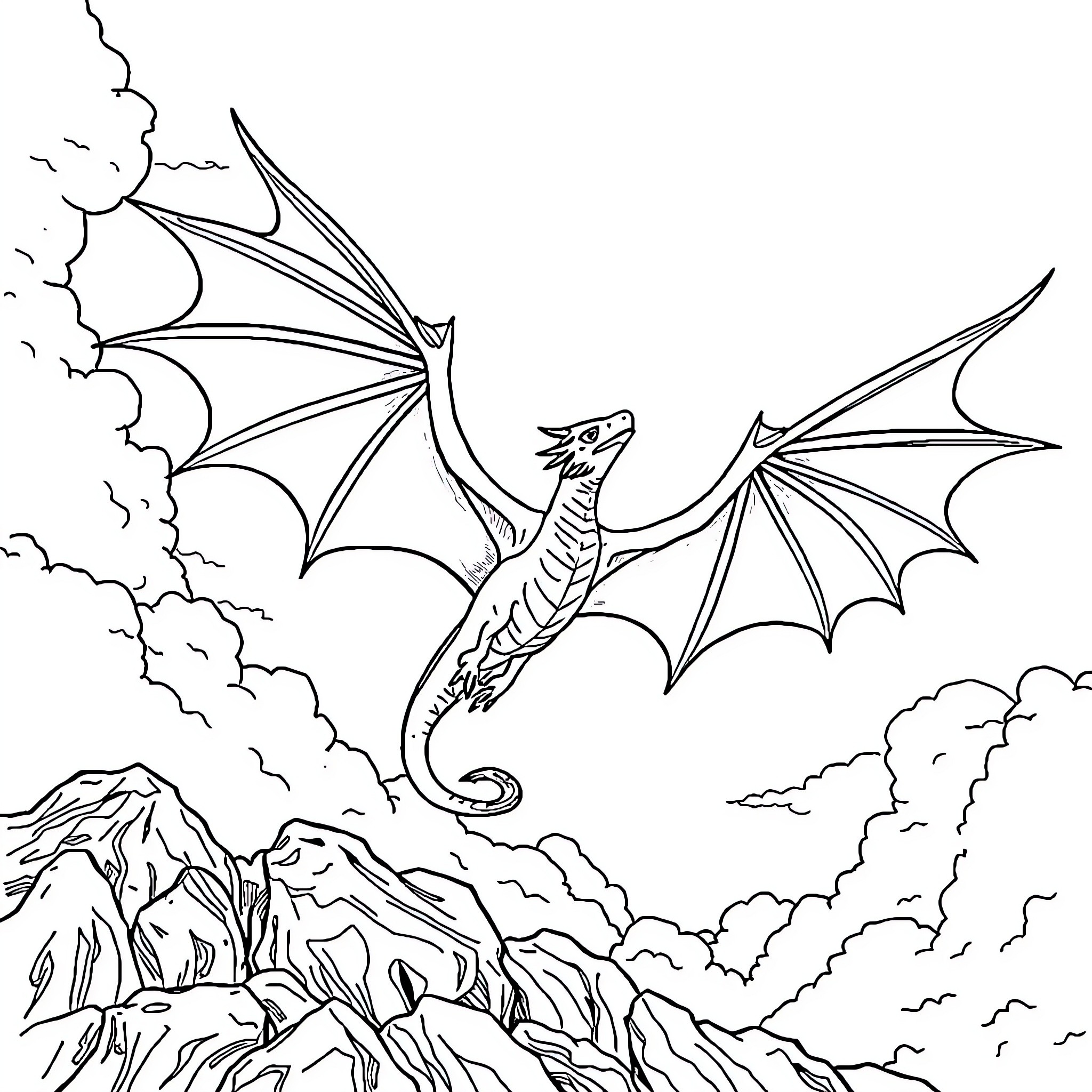 Dracaufeu soaring through the dramatic skies Coloring Page (free black-and-white line drawing printable PDF for all, from beginners to advanced learners, including children, teens, adults, and seniors)