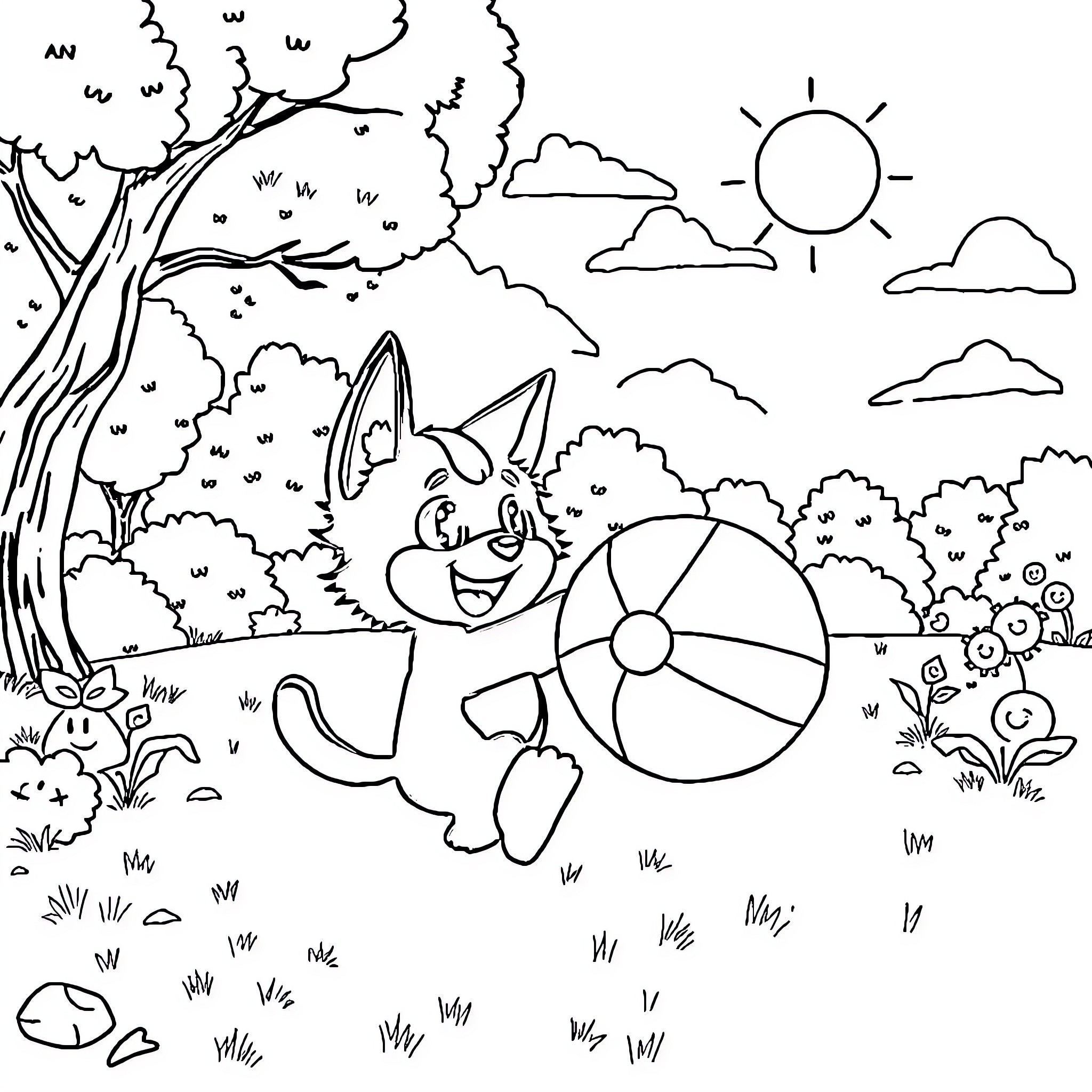 Kuromi playing with a ball in the park Coloring Page (free black-and-white line drawing printable PDF for all, from beginners to advanced learners, including children, teens, adults, and seniors)