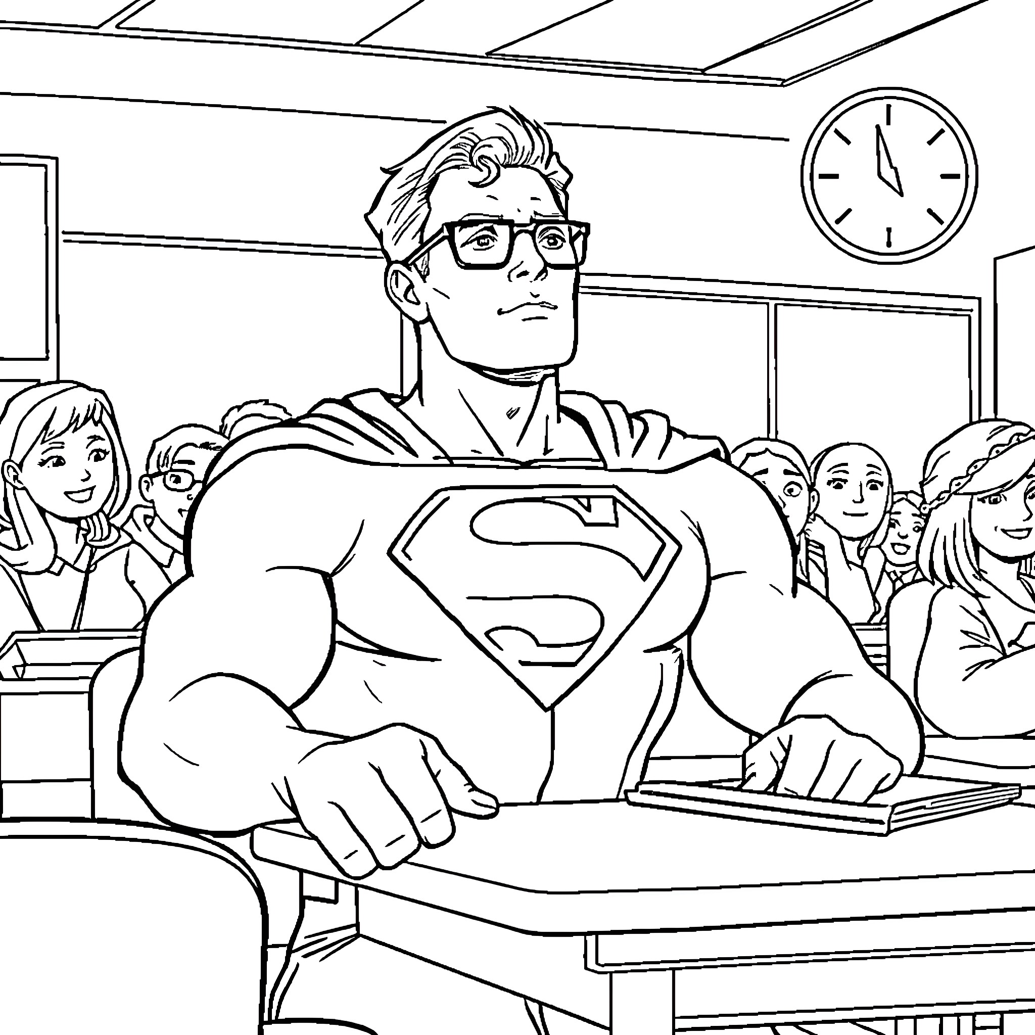 Superman visiting a classroom of students Coloring Page (free black-and-white line drawing printable PDF for all, from beginners to advanced learners, including children, teens, adults, and seniors)
