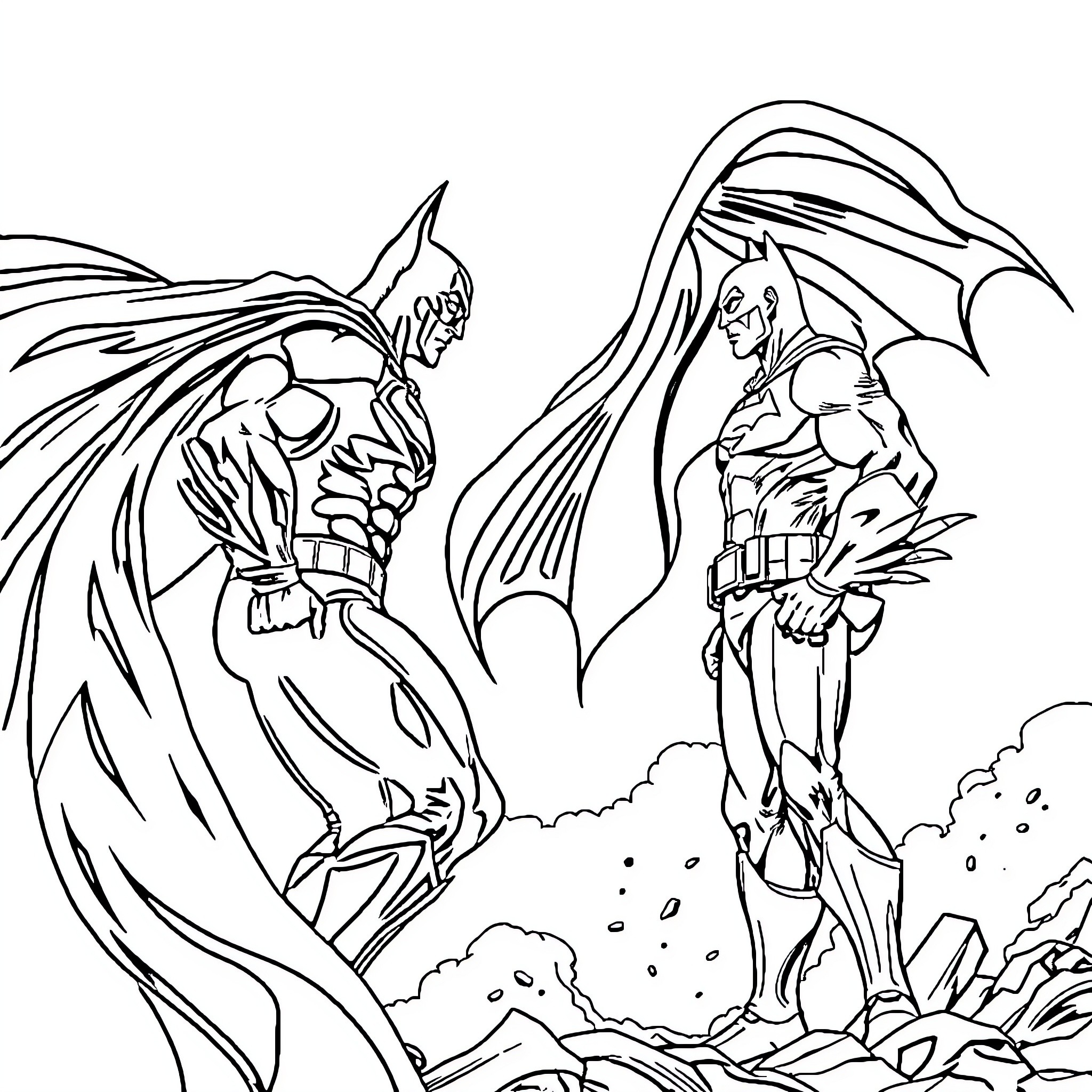 Superman confronting a powerful adversary in an intense scene Coloring Page (free black-and-white line drawing printable PDF for all, from beginners to advanced learners, including children, teens, adults, and seniors)