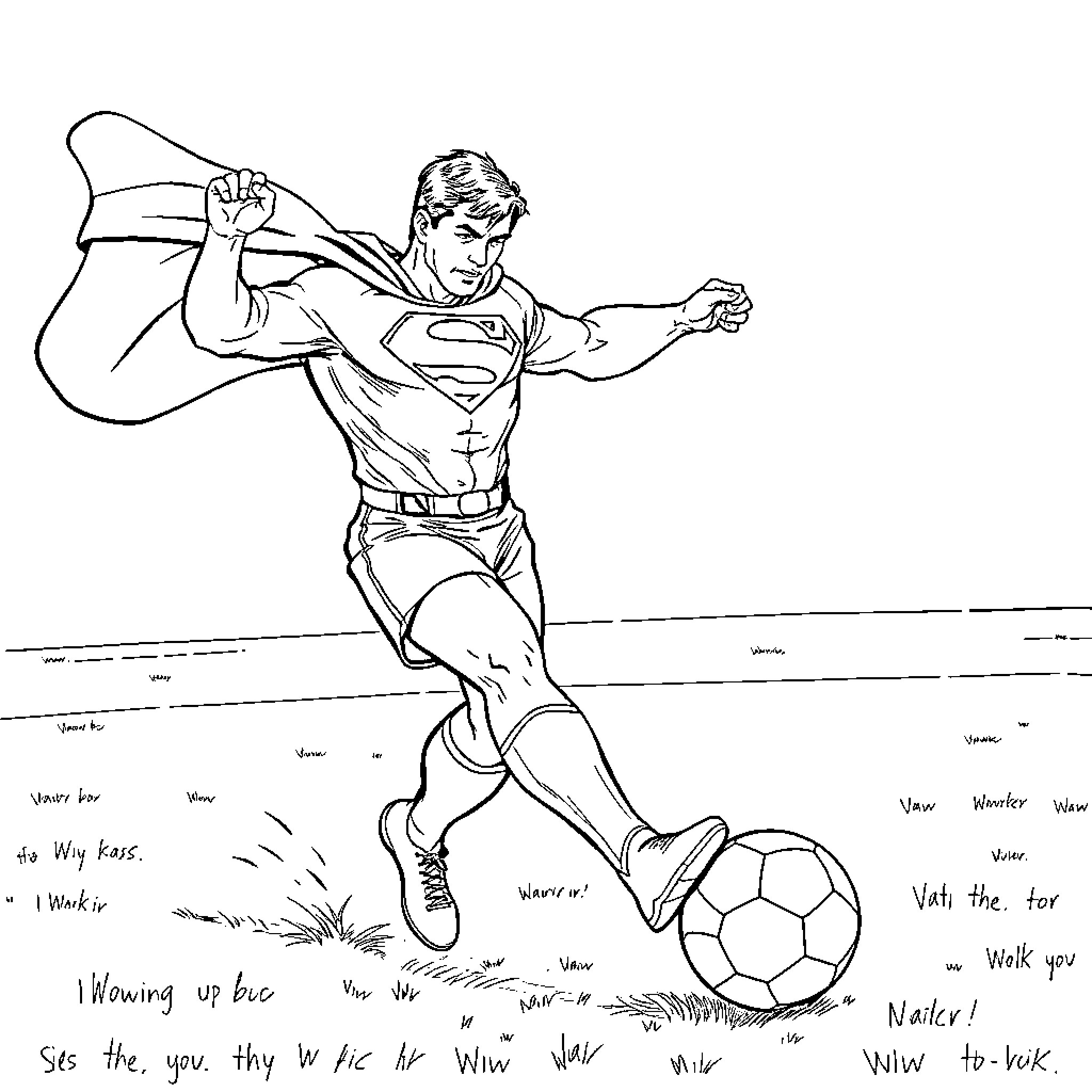 Superman playing soccer in the field Coloring Page (free black-and-white line drawing printable PDF for all, from beginners to advanced learners, including children, teens, adults, and seniors)