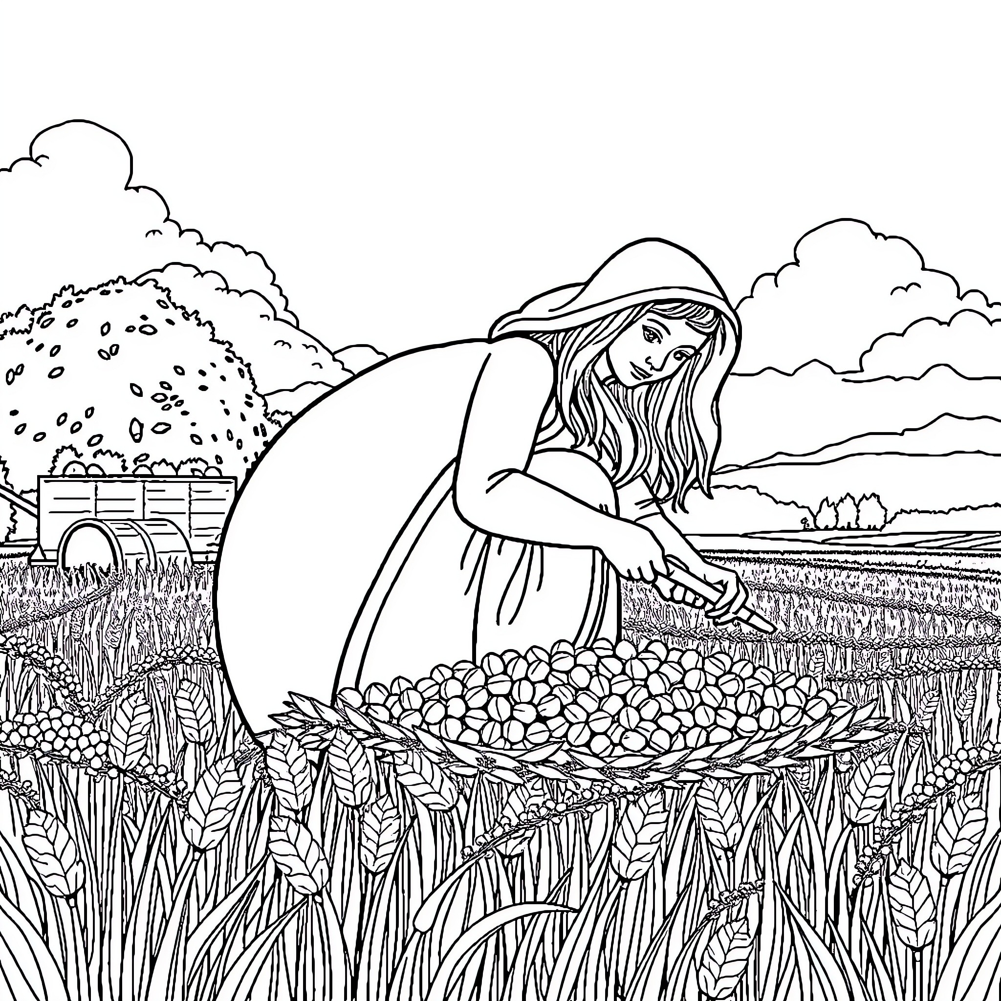 Harvester working diligently in the field Coloring Page (free black-and-white line drawing printable PDF for all, from beginners to advanced learners, including children, teens, adults, and seniors)