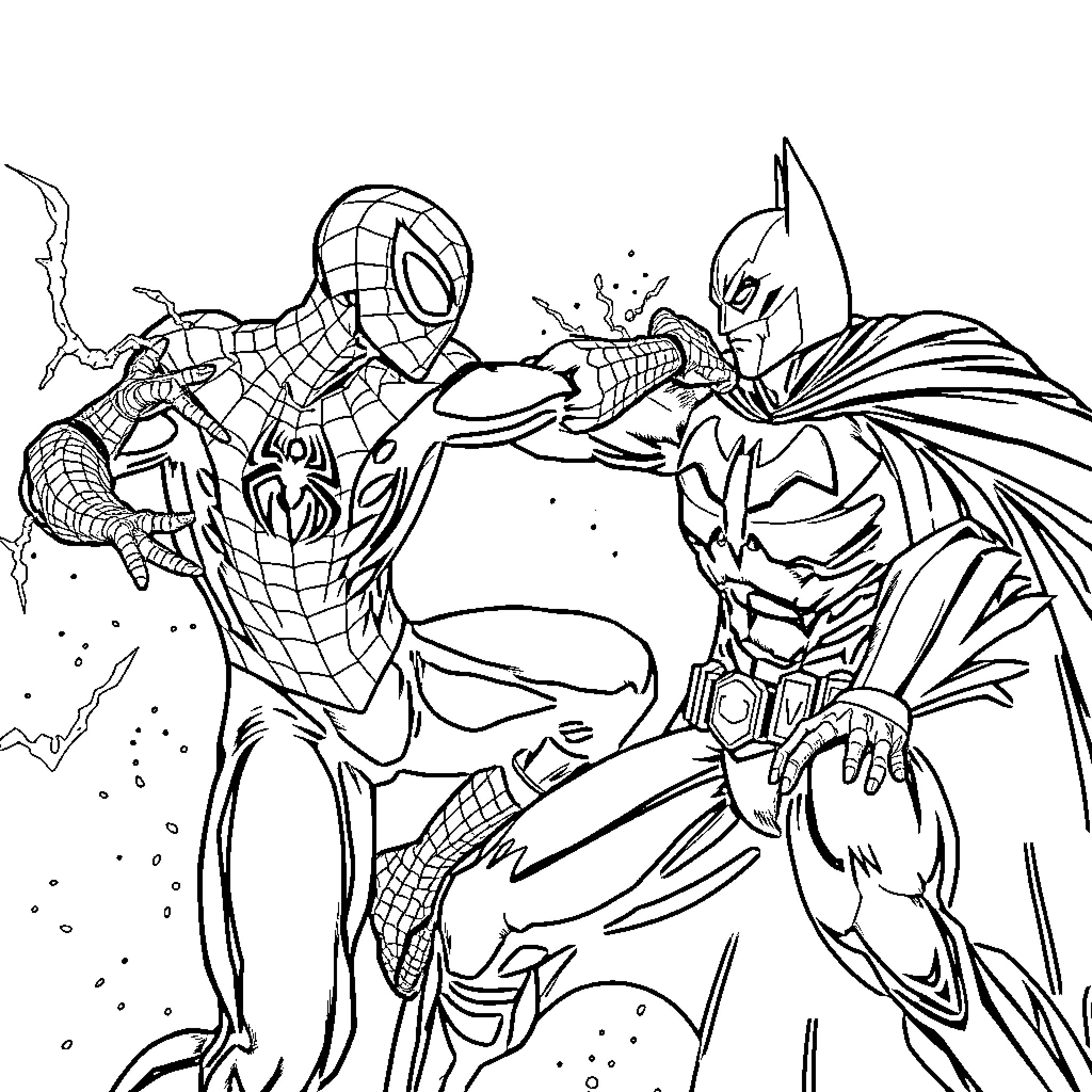 Spiderman vs Batman in an epic superhero showdown Coloring Page (free black-and-white line drawing printable PDF for all, from beginners to advanced learners, including children, teens, adults, and seniors)