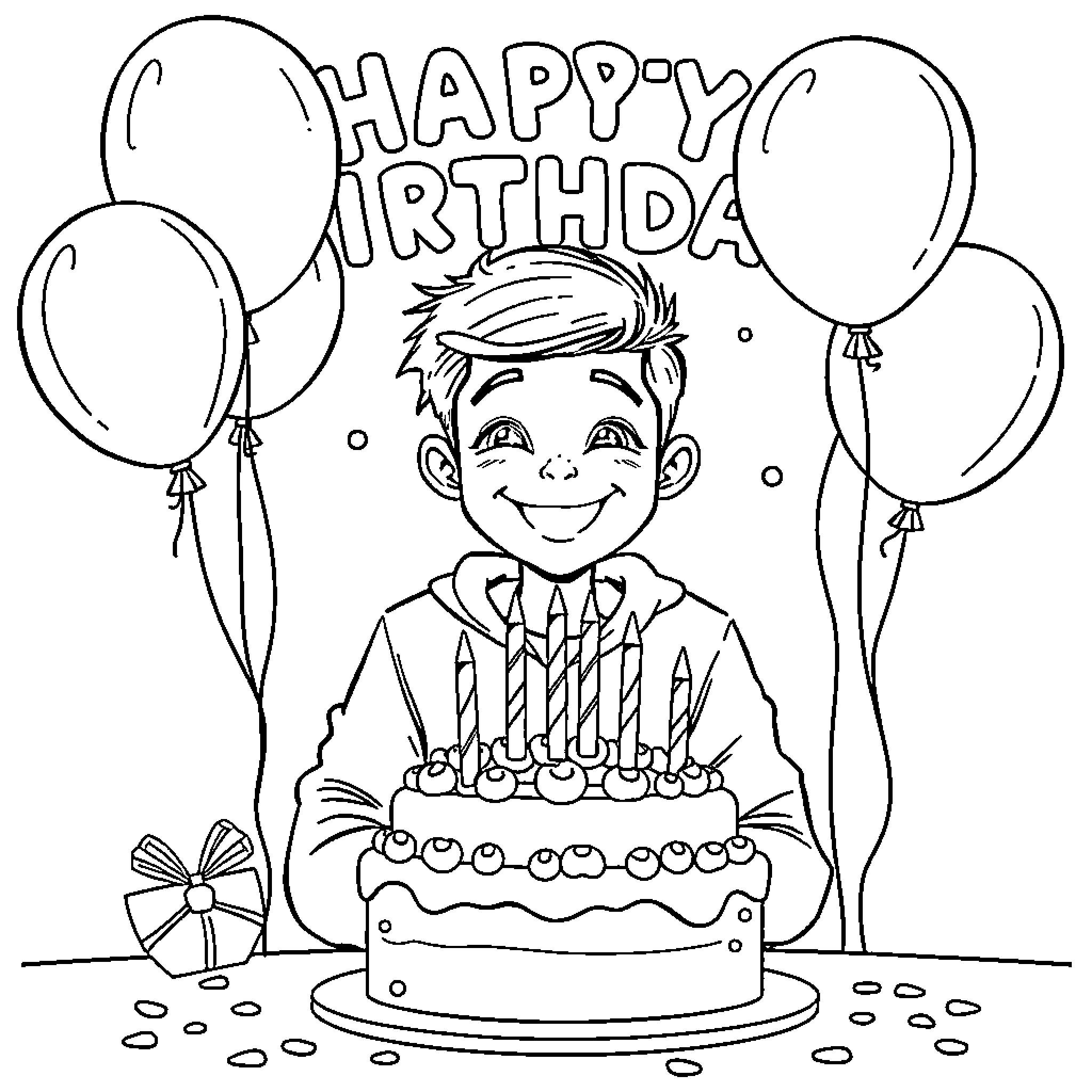 Teenager celebrating a happy birthday with a cake and balloons Coloring Page (free black-and-white line drawing printable PDF for all, from beginners to advanced learners, including children, teens, adults, and seniors)