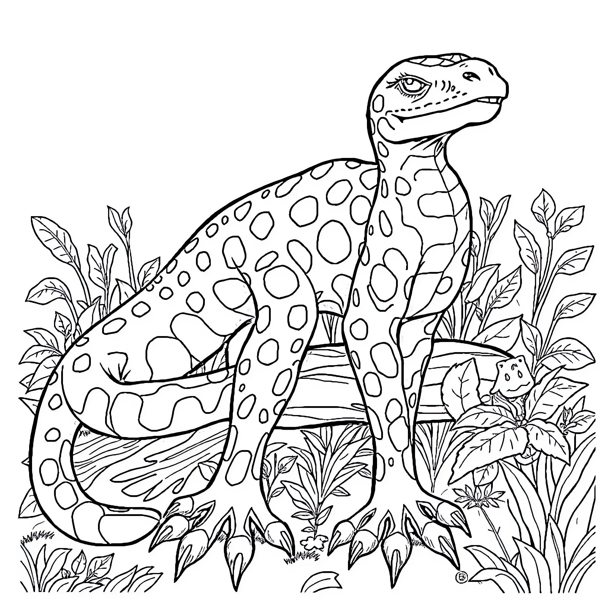 Kakhaufen Dinosaur in Lush Foliage Coloring Page (free black-and-white line drawing printable PDF for all, from beginners to advanced learners, including children, teens, adults, and seniors)