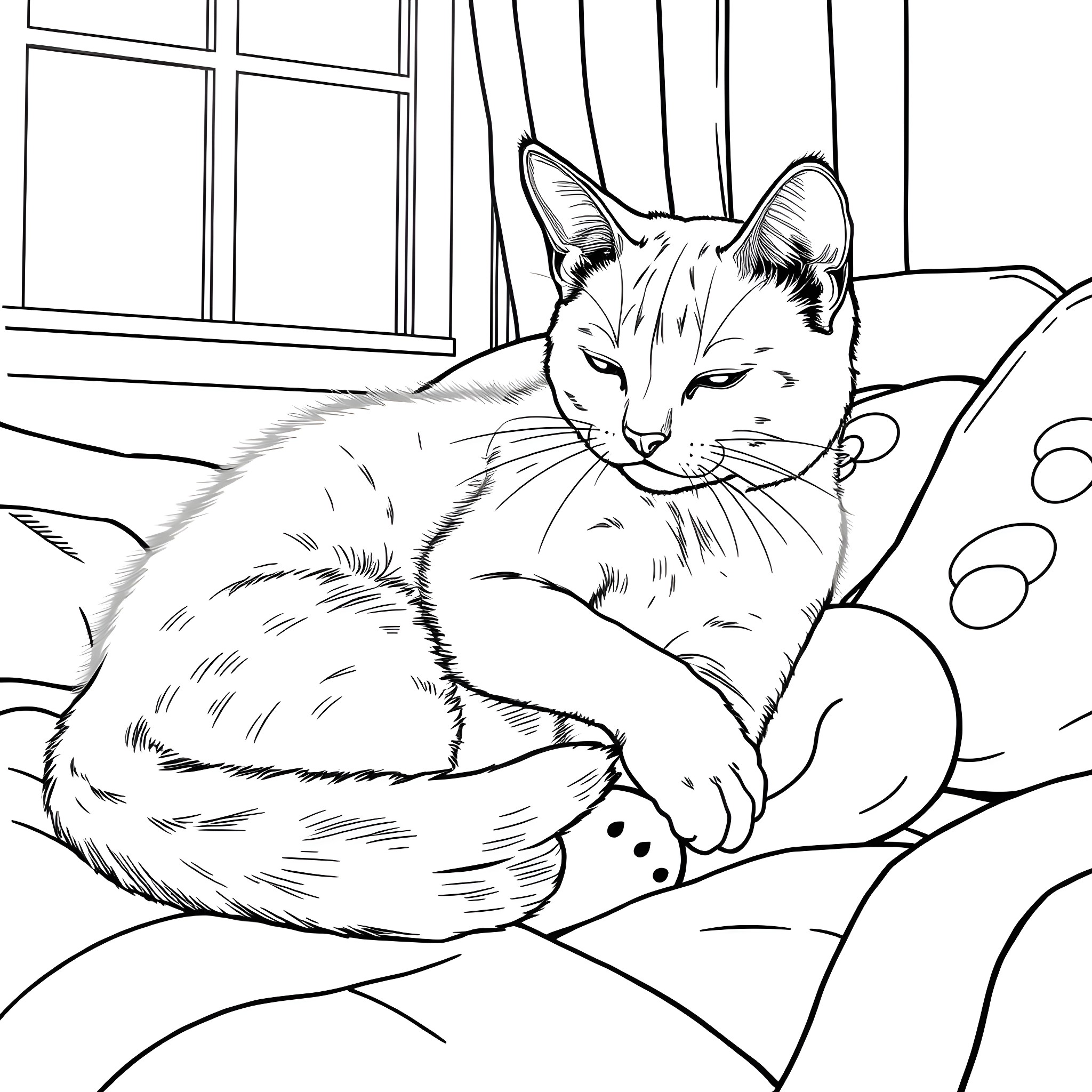 Cat resting comfortably on a couch Coloring Page (free black-and-white line drawing printable PDF for all, from beginners to advanced learners, including children, teens, adults, and seniors)