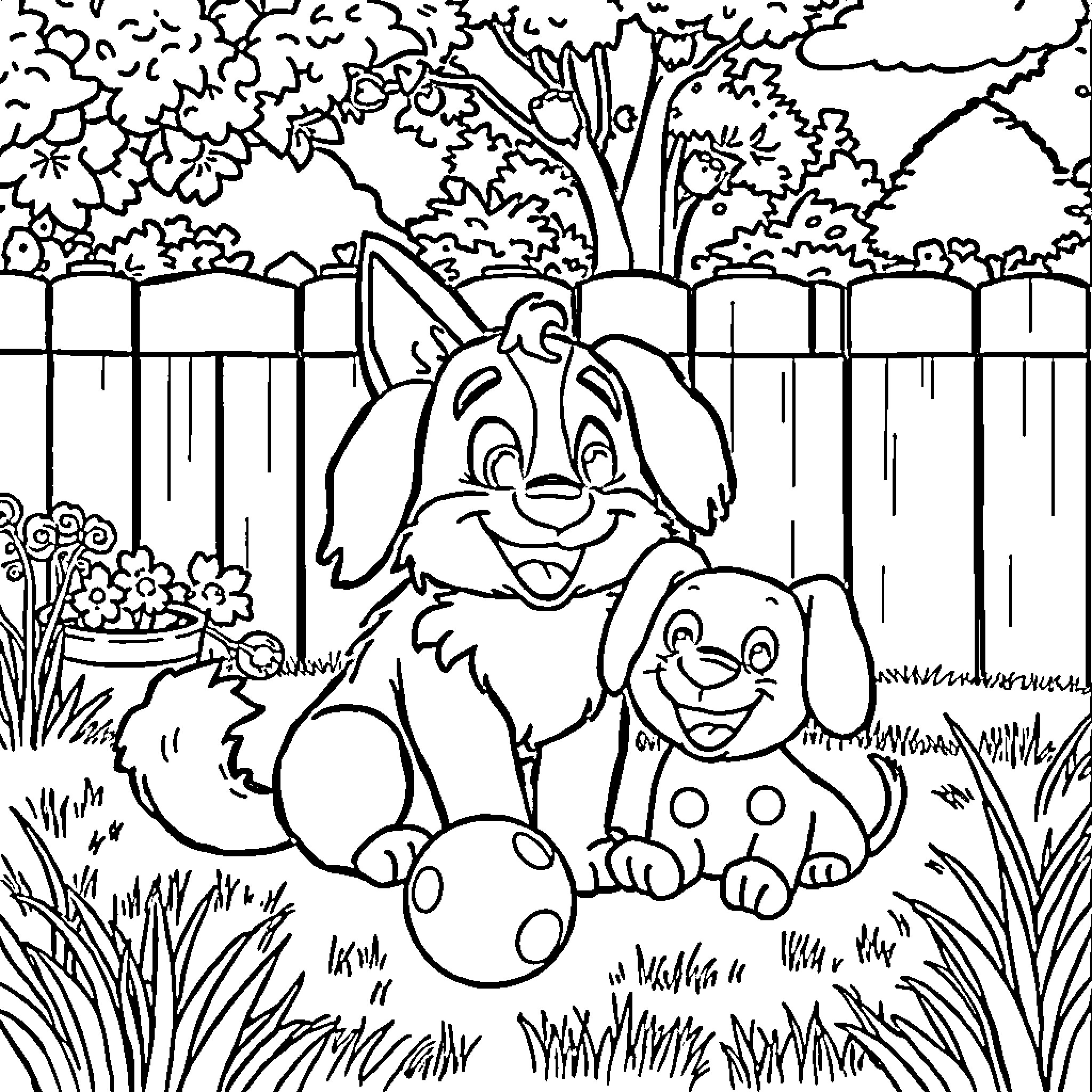Te Ka's Fuzzy Friends in the Garden Coloring Page (free black-and-white line drawing printable PDF for all, from beginners to advanced learners, including children, teens, adults, and seniors)