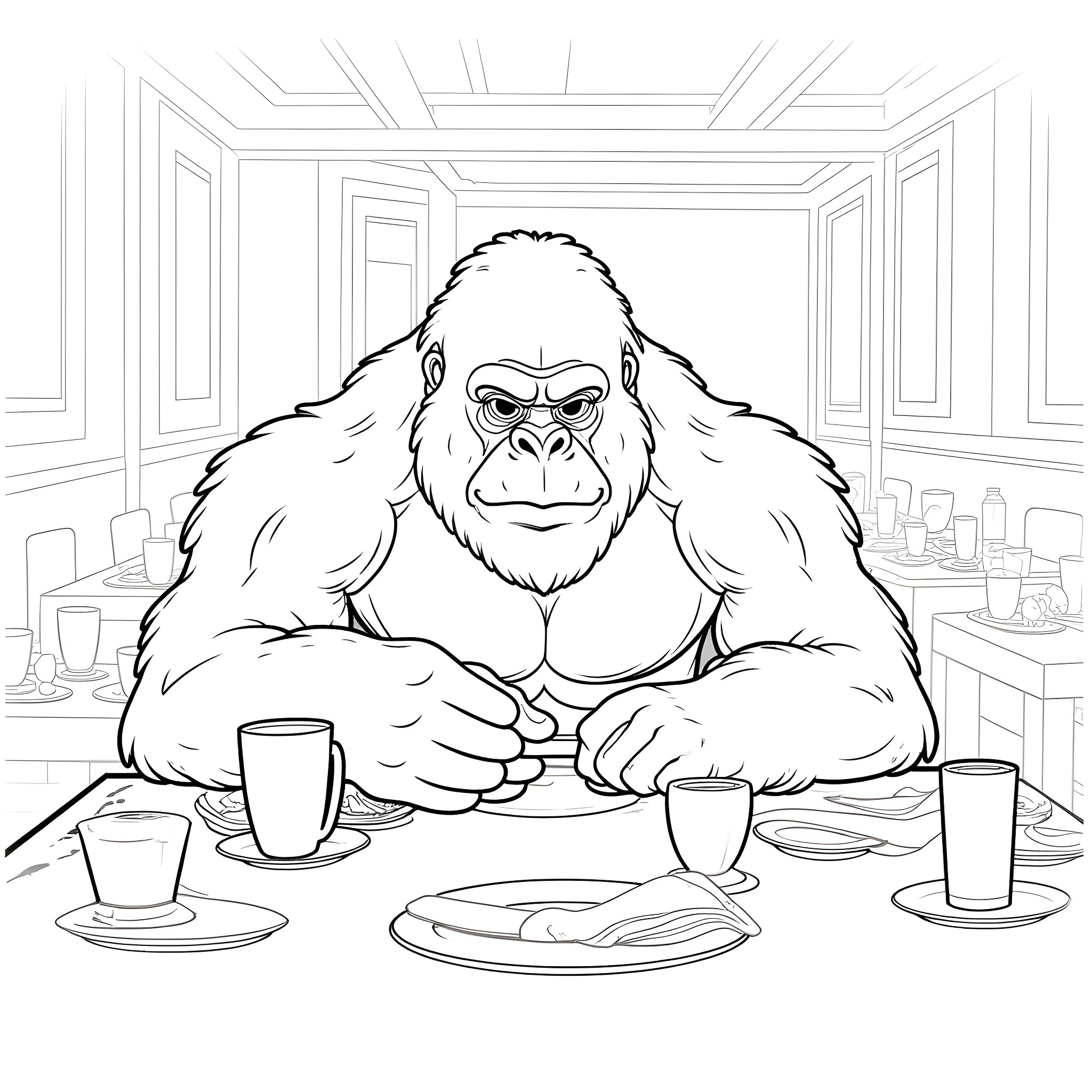 King Kong enjoying a meal at the table Coloring Page (free black-and-white line drawing printable PDF for all, from beginners to advanced learners, including children, teens, adults, and seniors)