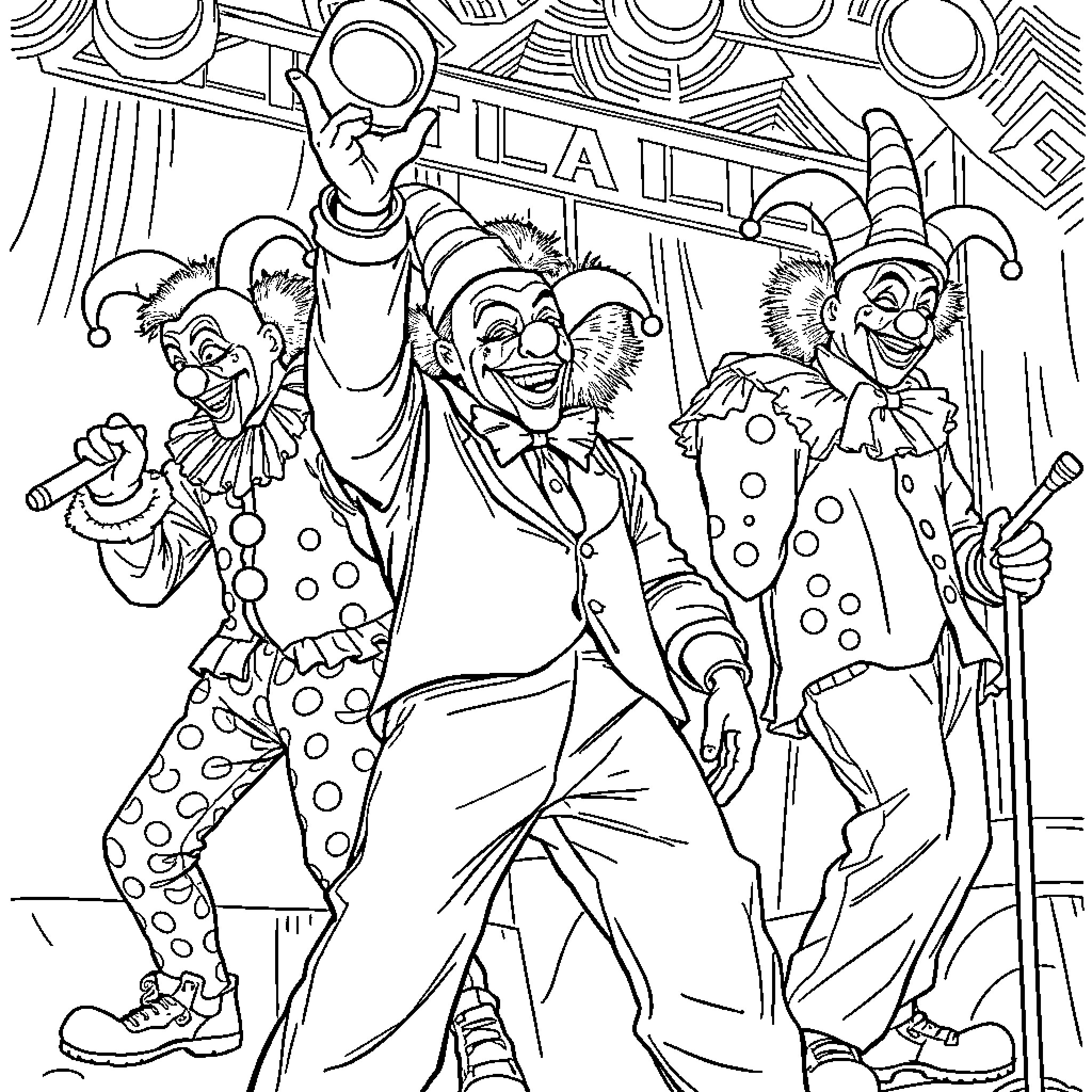 Clowns dancing and performing in a circus Coloring Page (free black-and-white line drawing printable PDF for all, from beginners to advanced learners, including children, teens, adults, and seniors)