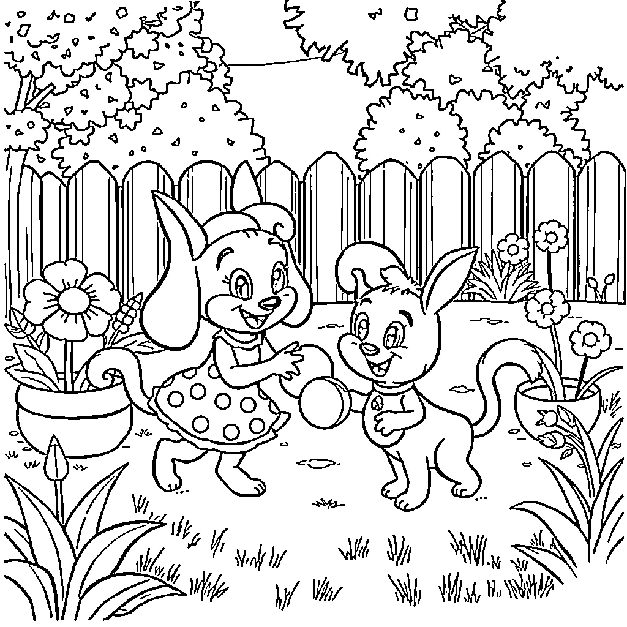 Bluey's Playful Adventure in the Garden Coloring Page (free black-and-white line drawing printable PDF for all, from beginners to advanced learners, including children, teens, adults, and seniors)
