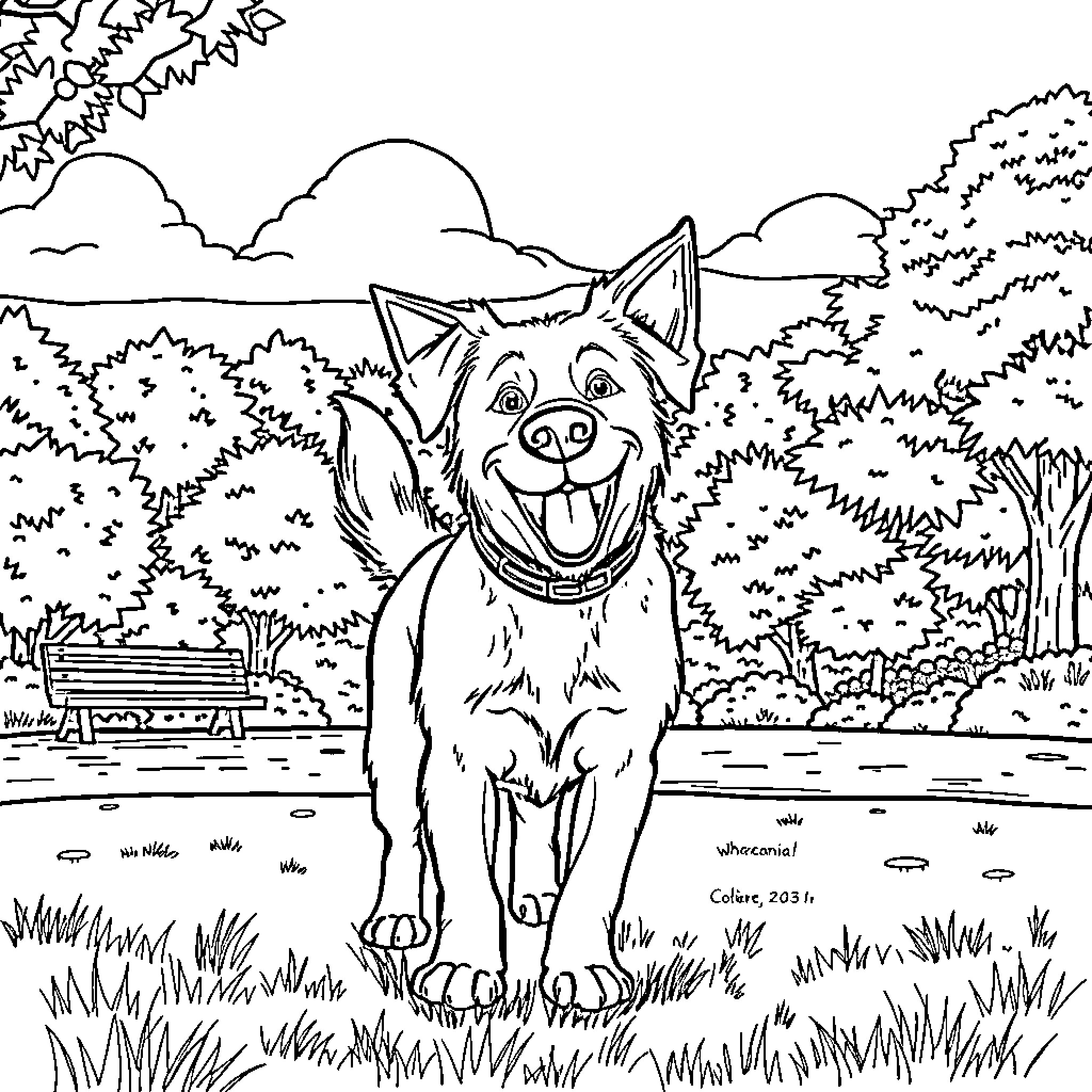 Dog happily exploring the outdoor park Coloring Page (free black-and-white line drawing printable PDF for all, from beginners to advanced learners, including children, teens, adults, and seniors)