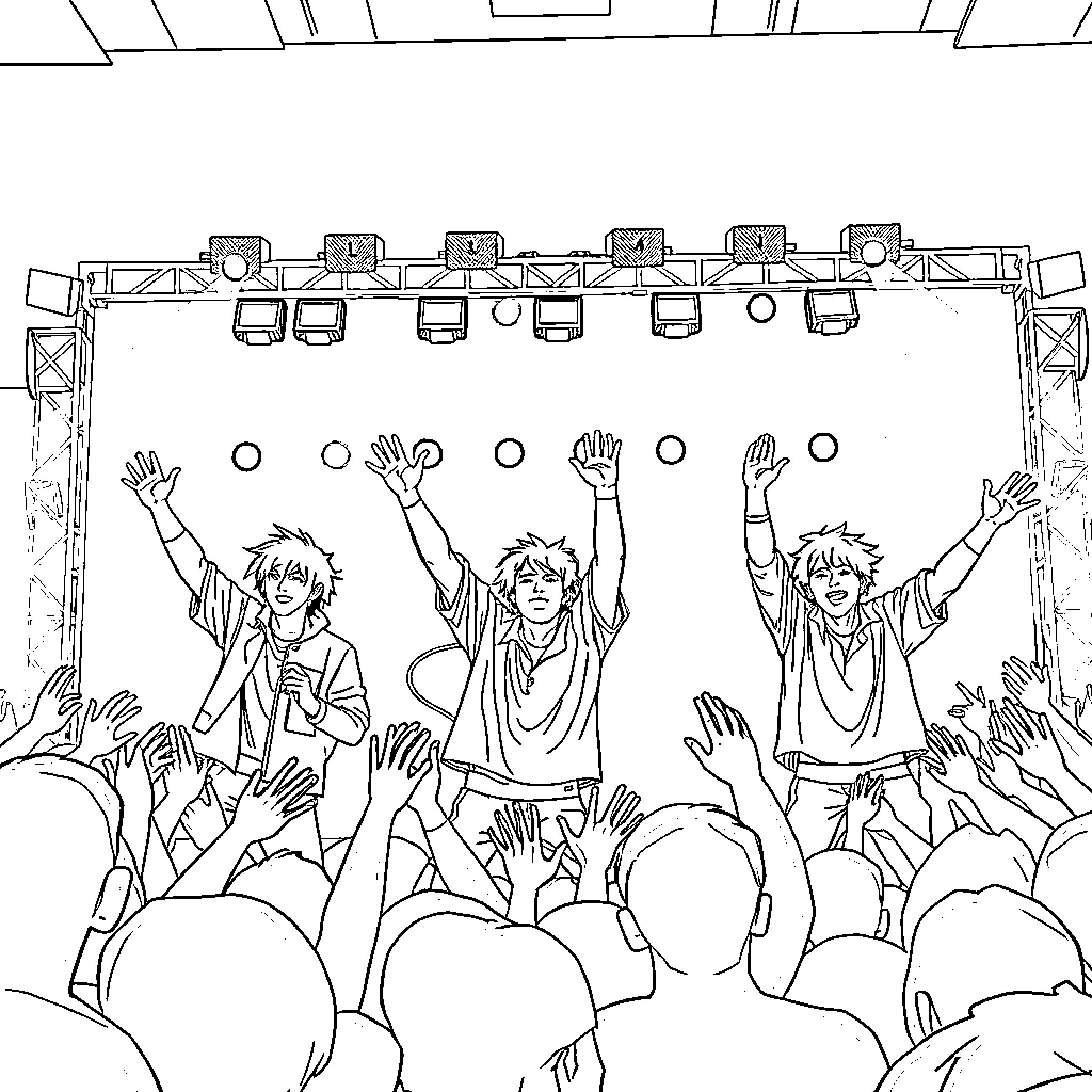 K Pop Idols Performing Energetically on Stage Coloring Page (free black-and-white line drawing printable PDF for all, from beginners to advanced learners, including children, teens, adults, and seniors)