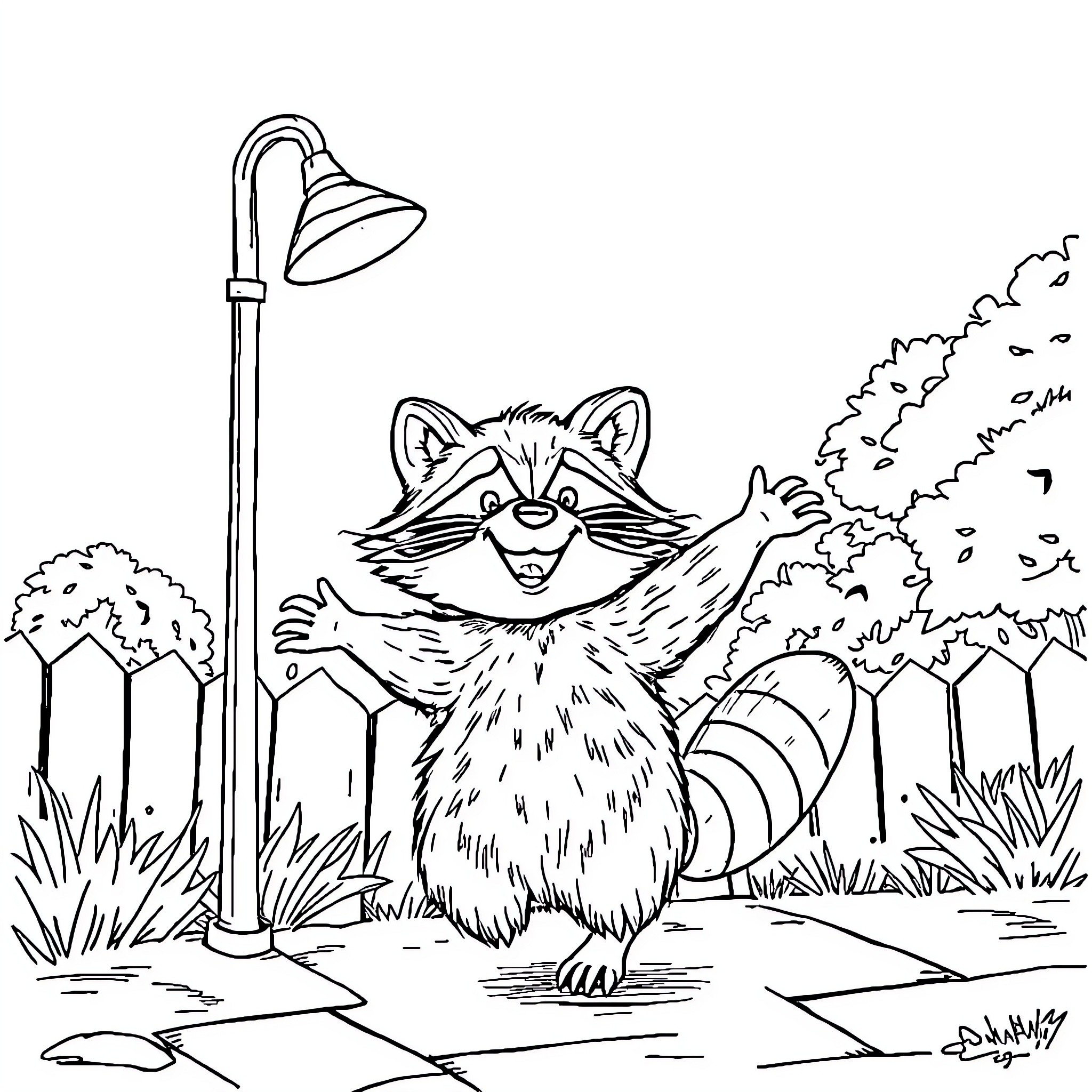 Raccoon playing joyfully in the park Coloring Page (free black-and-white line drawing printable PDF for all, from beginners to advanced learners, including children, teens, adults, and seniors)